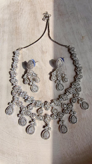 Silver Diamond Necklace | Bridal Necklace Set | Indian Diamond Necklace | CZ Choker