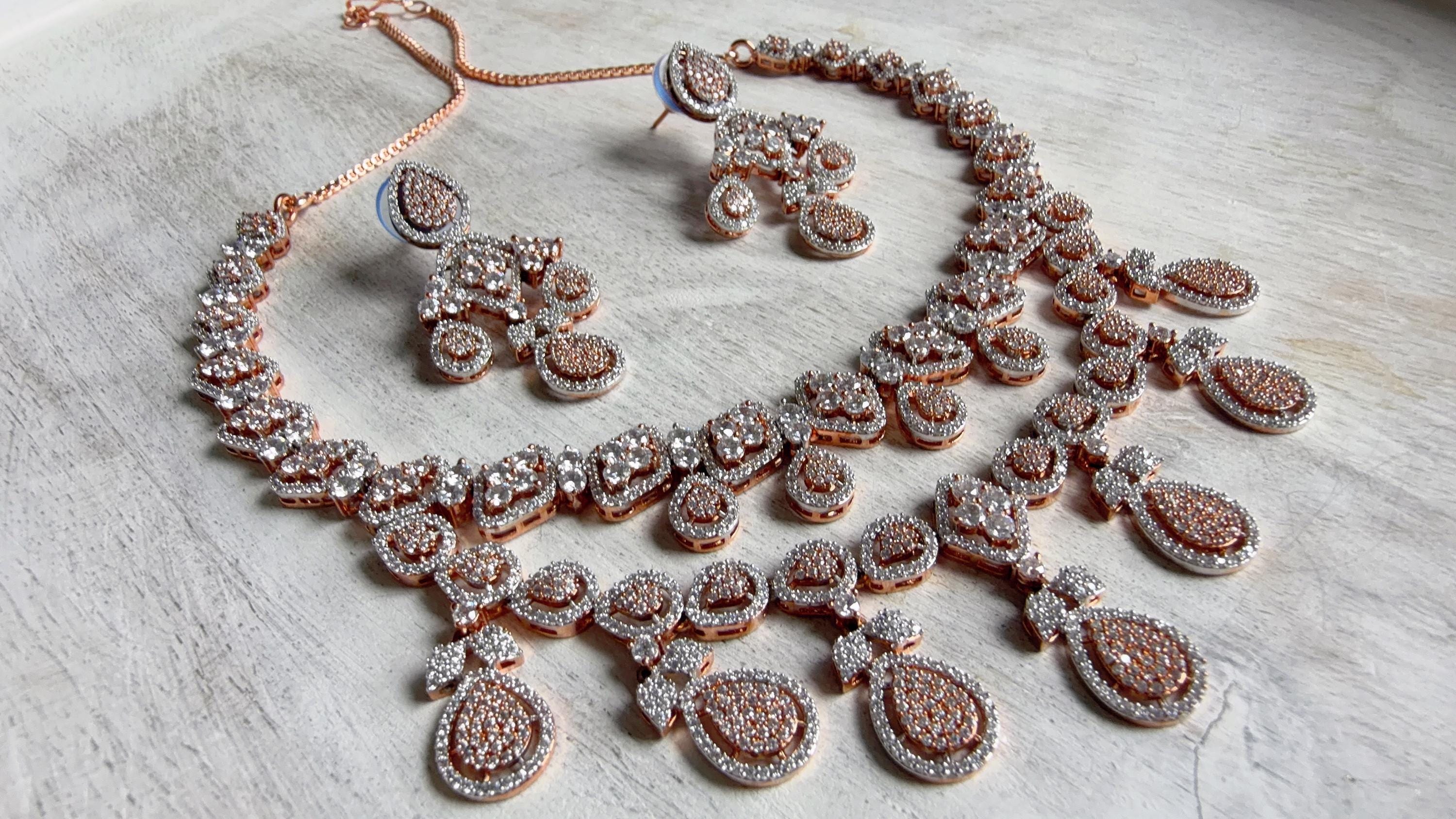 Rose Gold Diamond Necklace | Bridal Necklace Set | Indian Diamond Necklace | CZ Choker