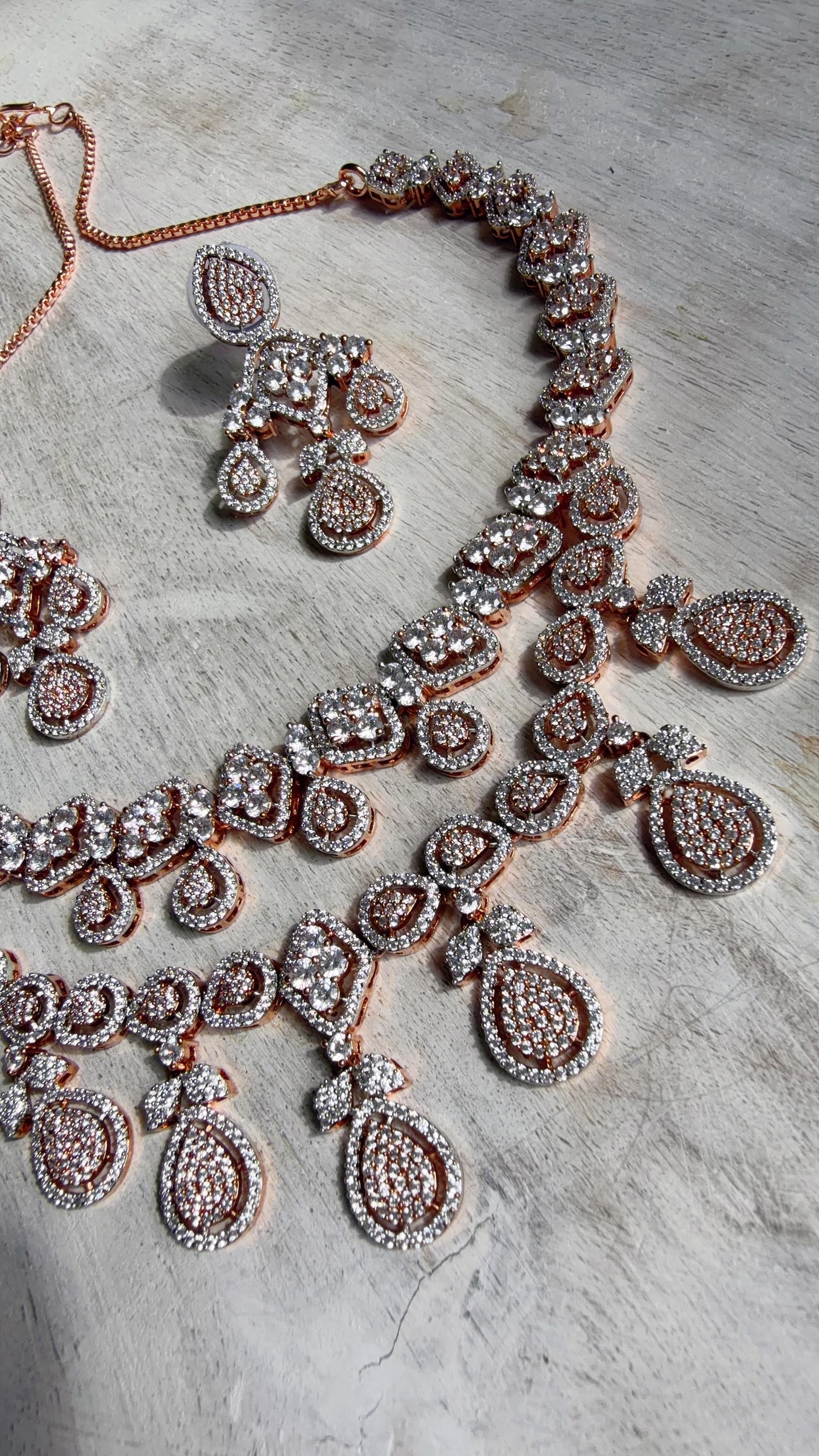 Rose Gold Diamond Necklace | Bridal Necklace Set | Indian Diamond Necklace | CZ Choker