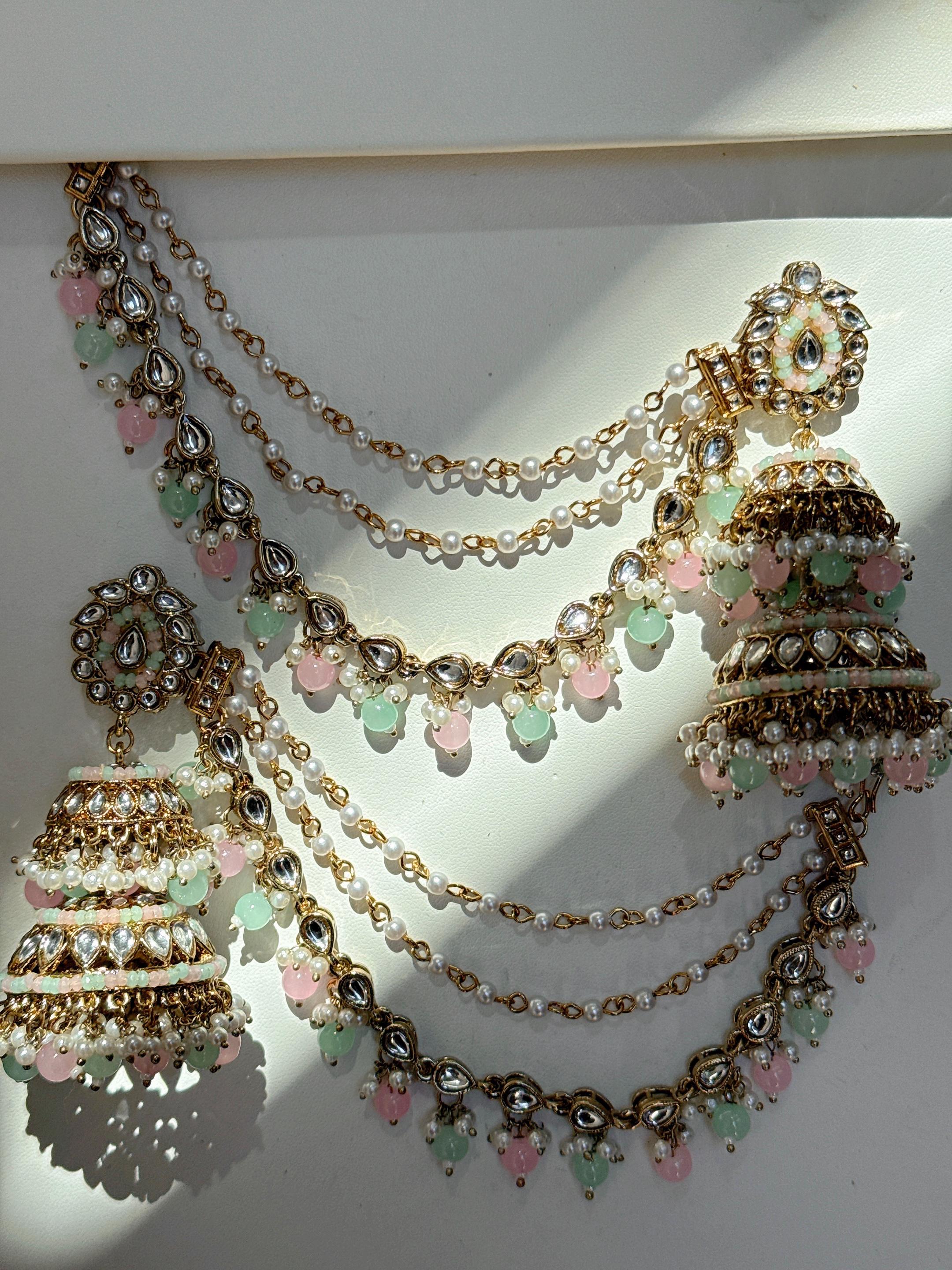 Mint Pink Bahubali Kundan Pearl Jhumka Earrings Set/Jhumka with Double Chain Sahare /Indian Wedding Earrings