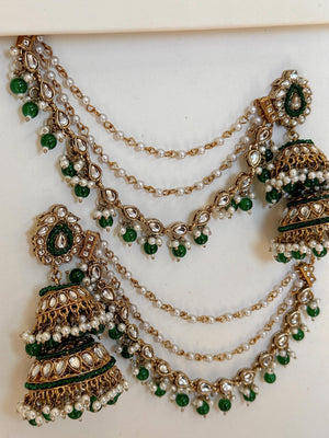 Antique Green Bahubali Pearl Jhumka Earrings Set/Jhumka with Double Chain Sahare /Indian Wedding Earrings