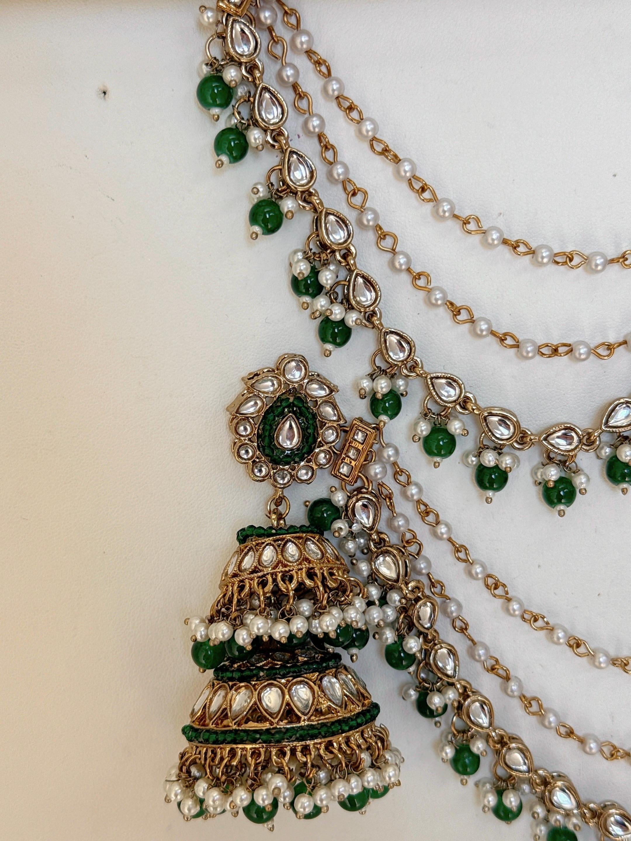 Antique Green Bahubali Pearl Jhumka Earrings Set/Jhumka with Double Chain Sahare /Indian Wedding Earrings