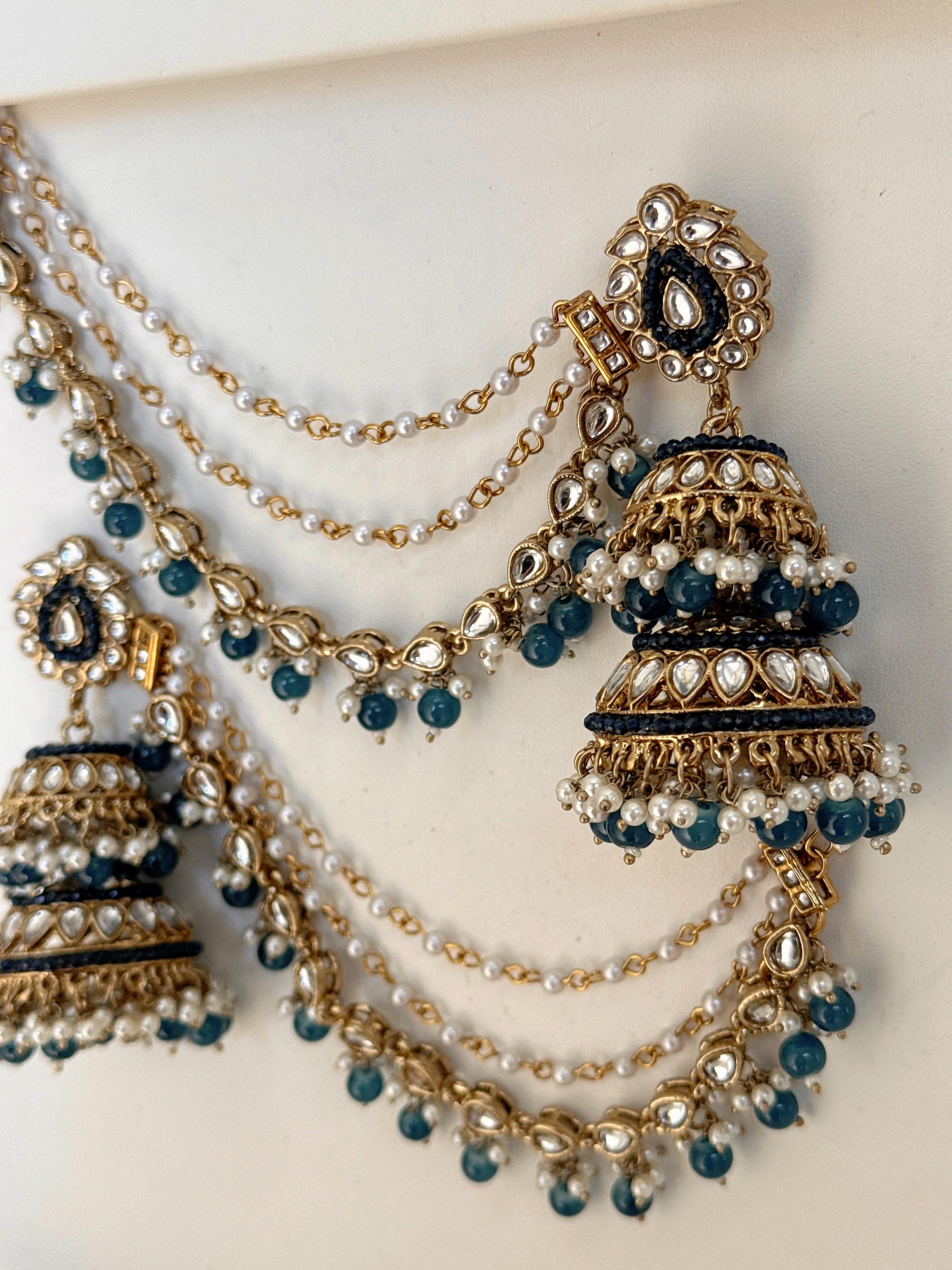 Antique Blue Bahubali Pearl Jhumka Earrings Set/Jhumka with Double Chain Sahare /Indian Wedding Earrings