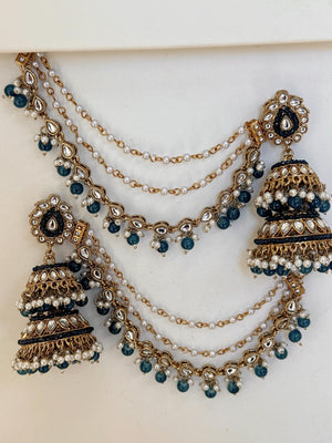 Antique Blue Bahubali Pearl Jhumka Earrings Set/Jhumka with Double Chain Sahare /Indian Wedding Earrings