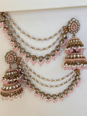 Antique Baby Pink Bahubali Pearl Jhumka Earrings Set/Jhumka with Double Chain Sahare /Indian Wedding Earrings