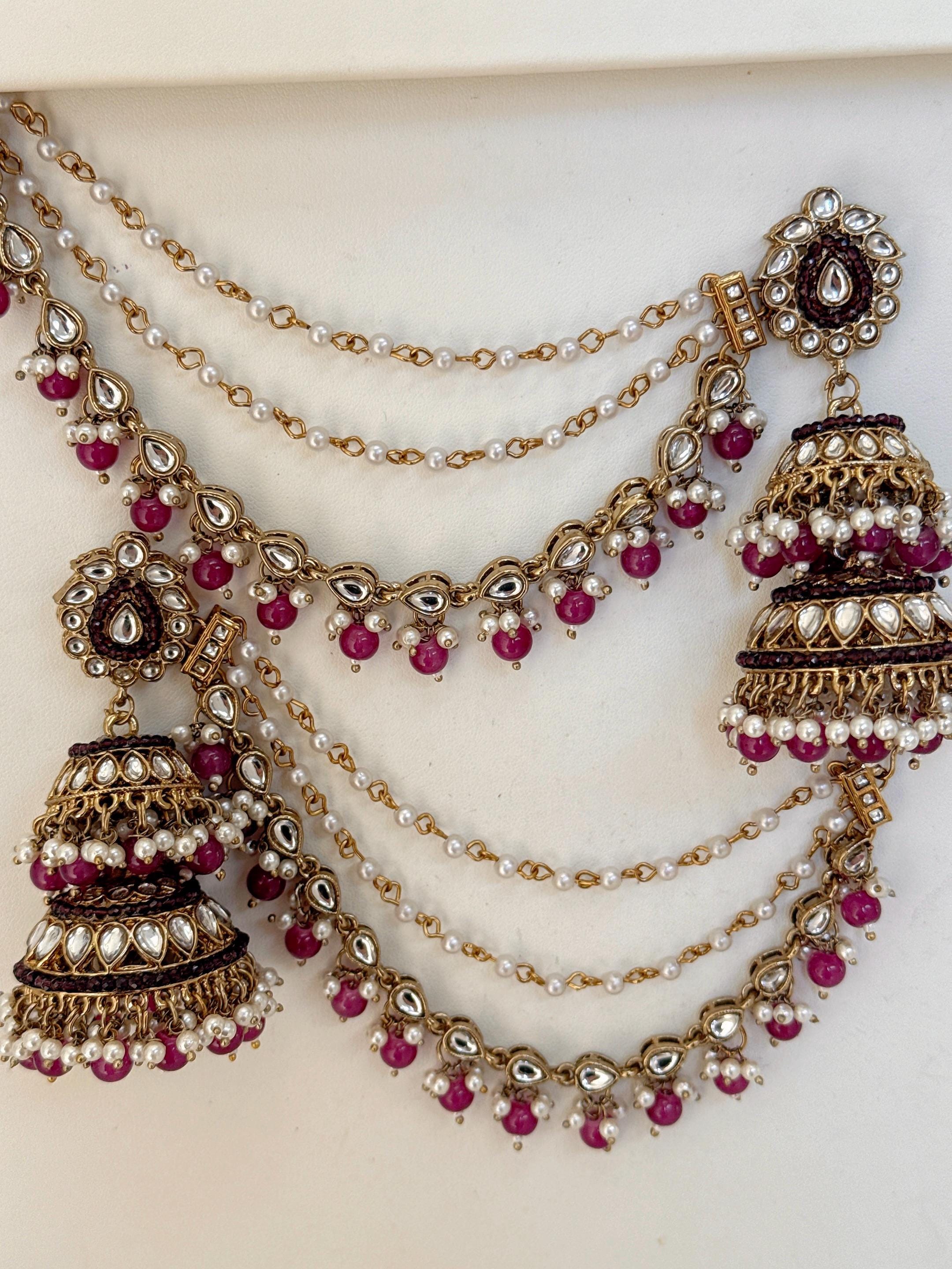 Antique Dark Purple Bahubali Pearl Jhumka Earrings Set/Jhumka with Double Chain Sahare /Indian Wedding Earrings