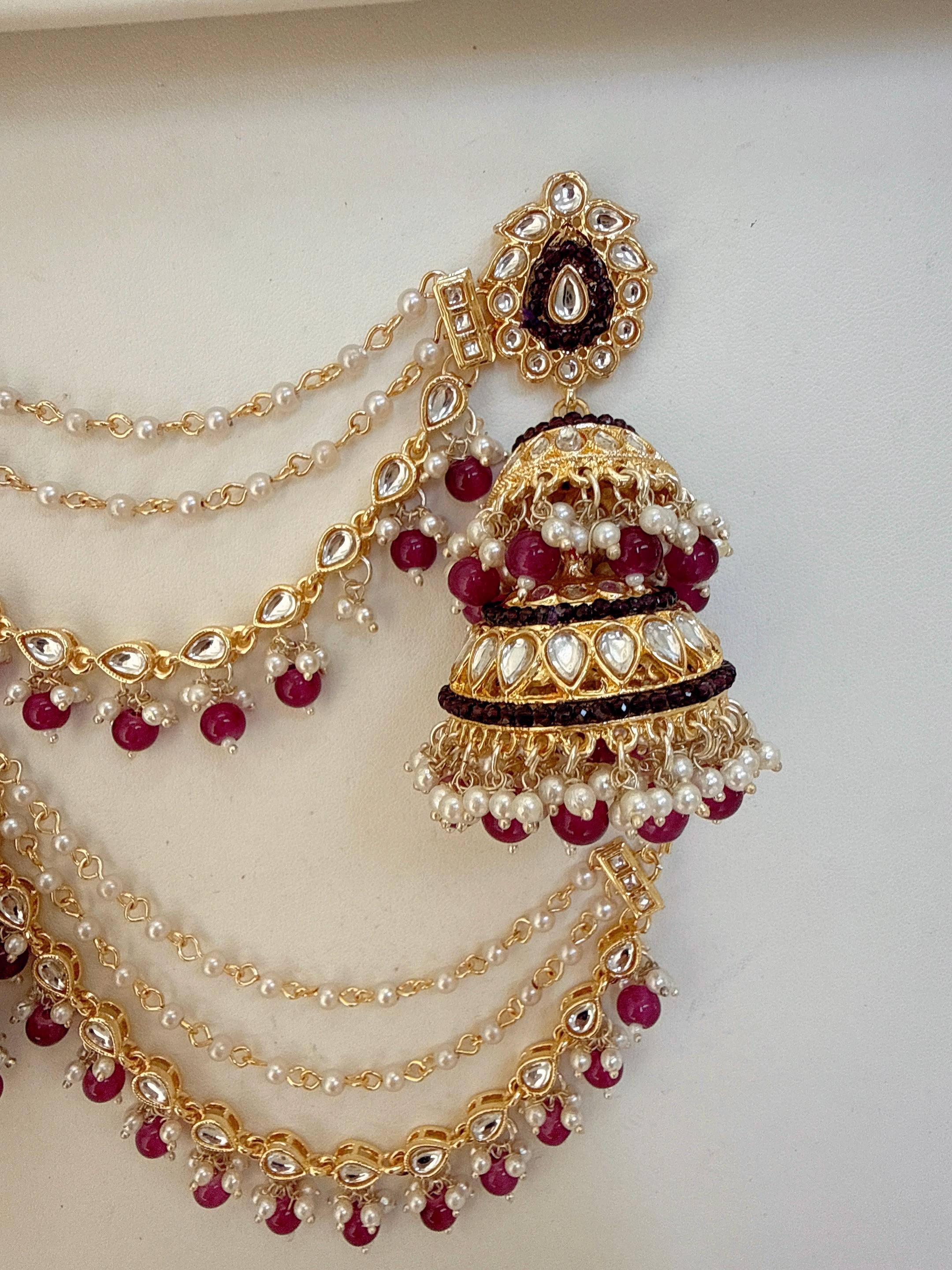 Dark Purple Bahubali Kundan Pearl Jhumka Earrings Set/Jhumka with Double Chain Sahare /Indian Wedding Earrings