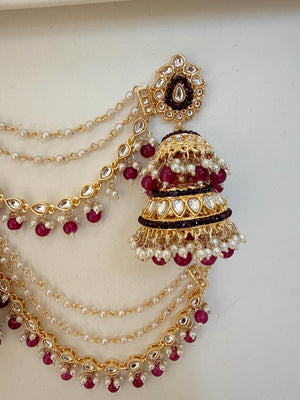 Dark Purple Bahubali Kundan Pearl Jhumka Earrings Set/Jhumka with Double Chain Sahare /Indian Wedding Earrings