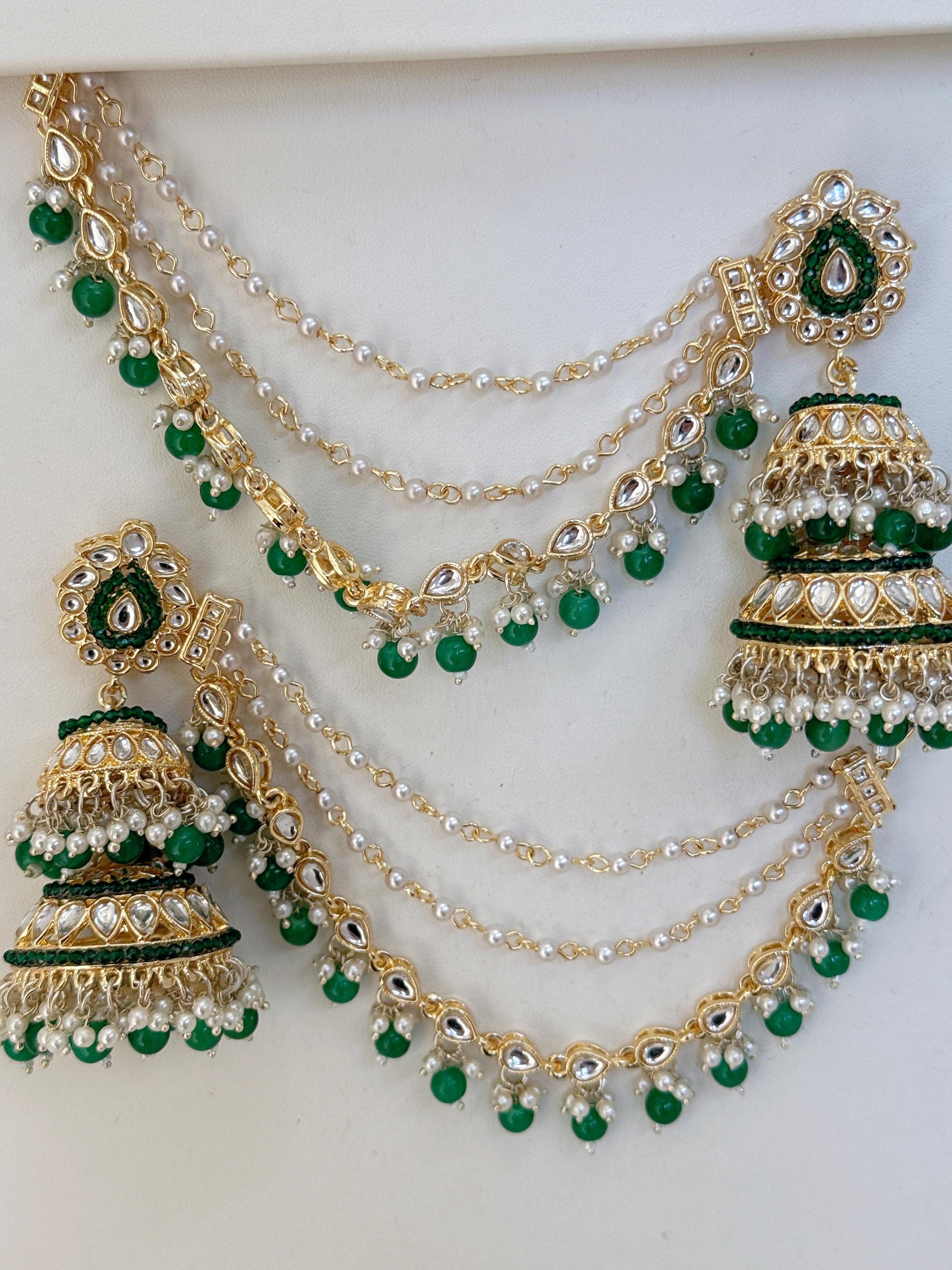 Green Bahubali Kundan Pearl Jhumka Earrings Set/Jhumka with Double Chain Sahare /Indian Wedding Earrings