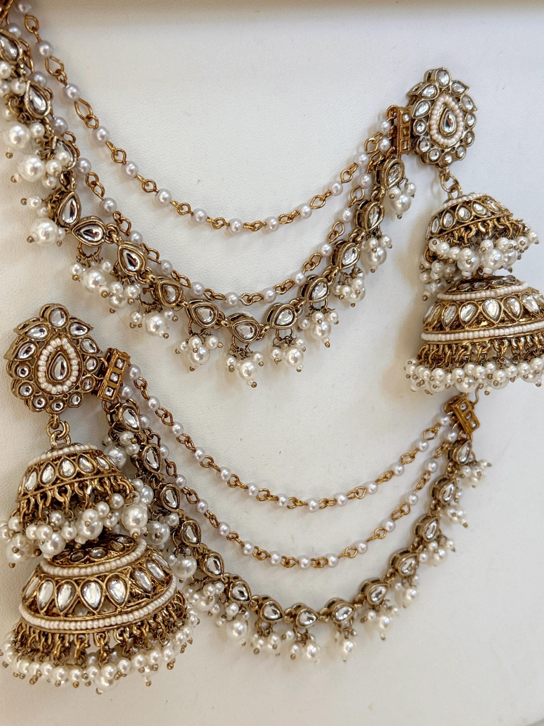 Antique Mehendi Bahubali Pearl Jhumka Earrings Set/Jhumka with Double Chain Sahare /Indian Wedding Earrings