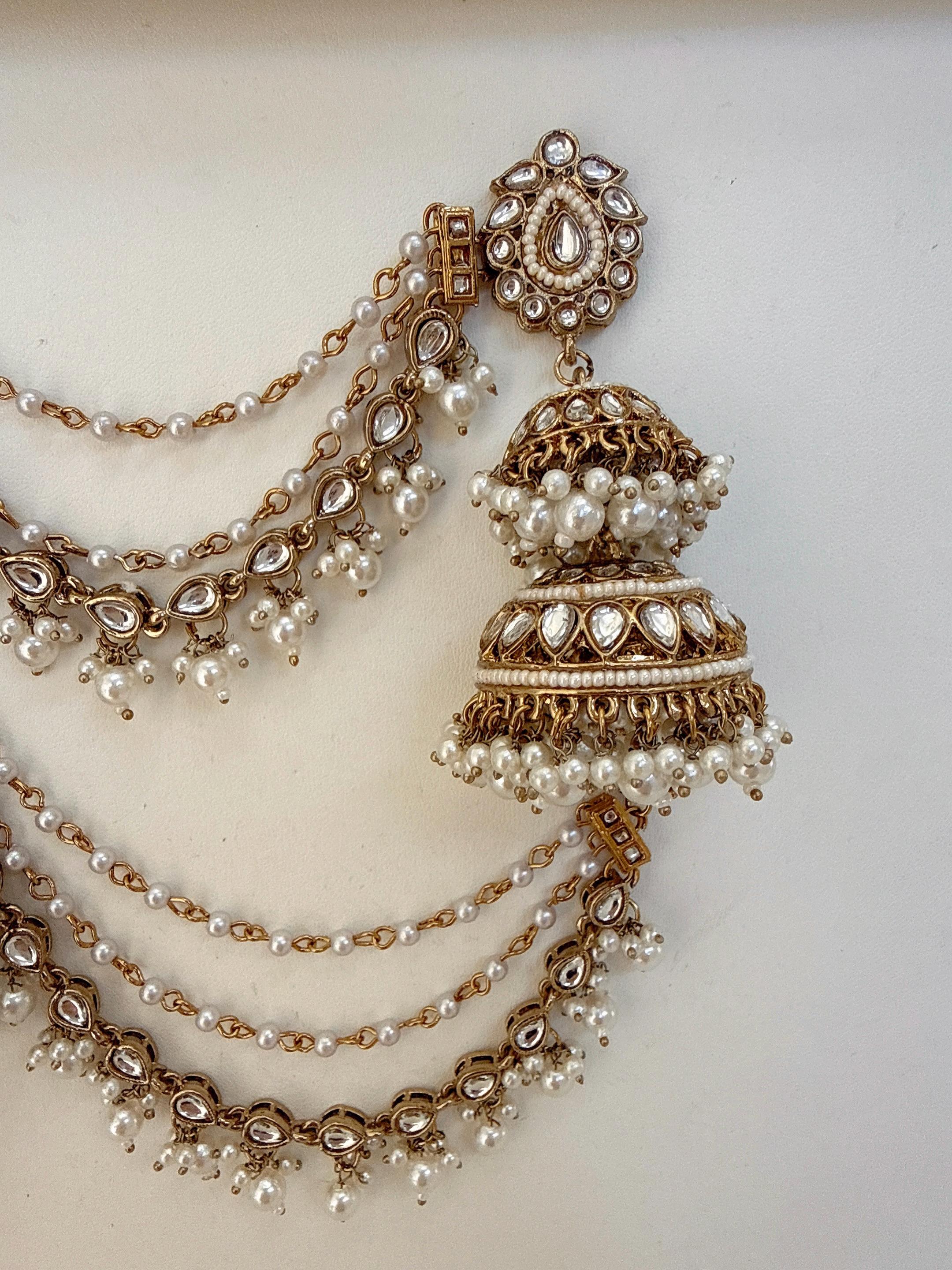 Antique Mehendi Bahubali Pearl Jhumka Earrings Set/Jhumka with Double Chain Sahare /Indian Wedding Earrings
