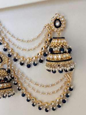 Blue Bahubali Kundan Pearl Jhumka Earrings Set/Jhumka with Double Chain Sahare /Indian Wedding Earrings