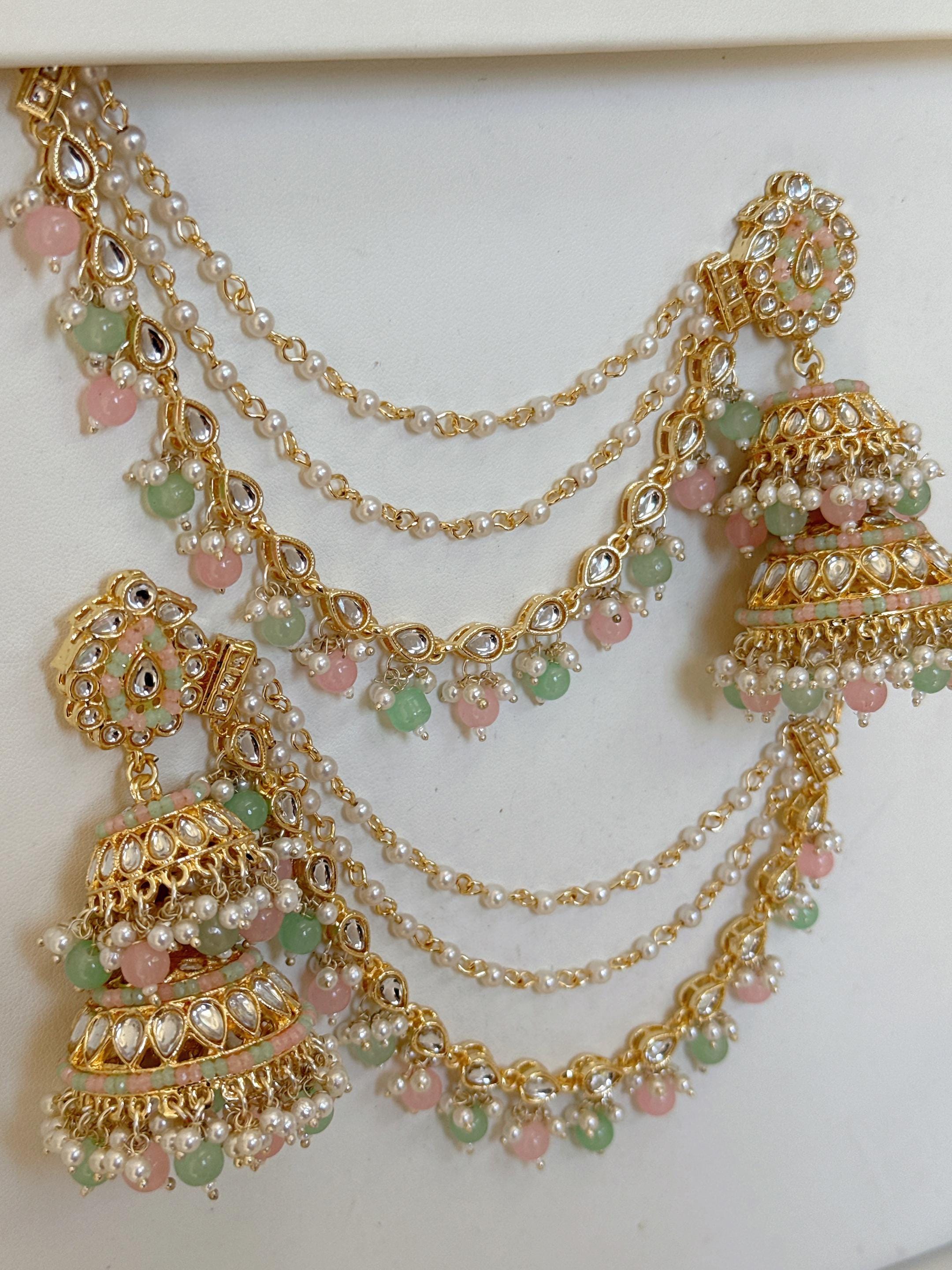 Mint Pink Bahubali Kundan Pearl Jhumka Earrings Set/Jhumka with Double Chain Sahare /Indian Wedding Earrings
