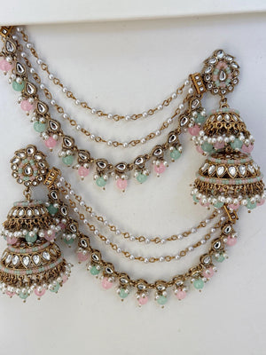 Mint Pink Bahubali Kundan Pearl Jhumka Earrings Set/Jhumka with Double Chain Sahare /Indian Wedding Earrings