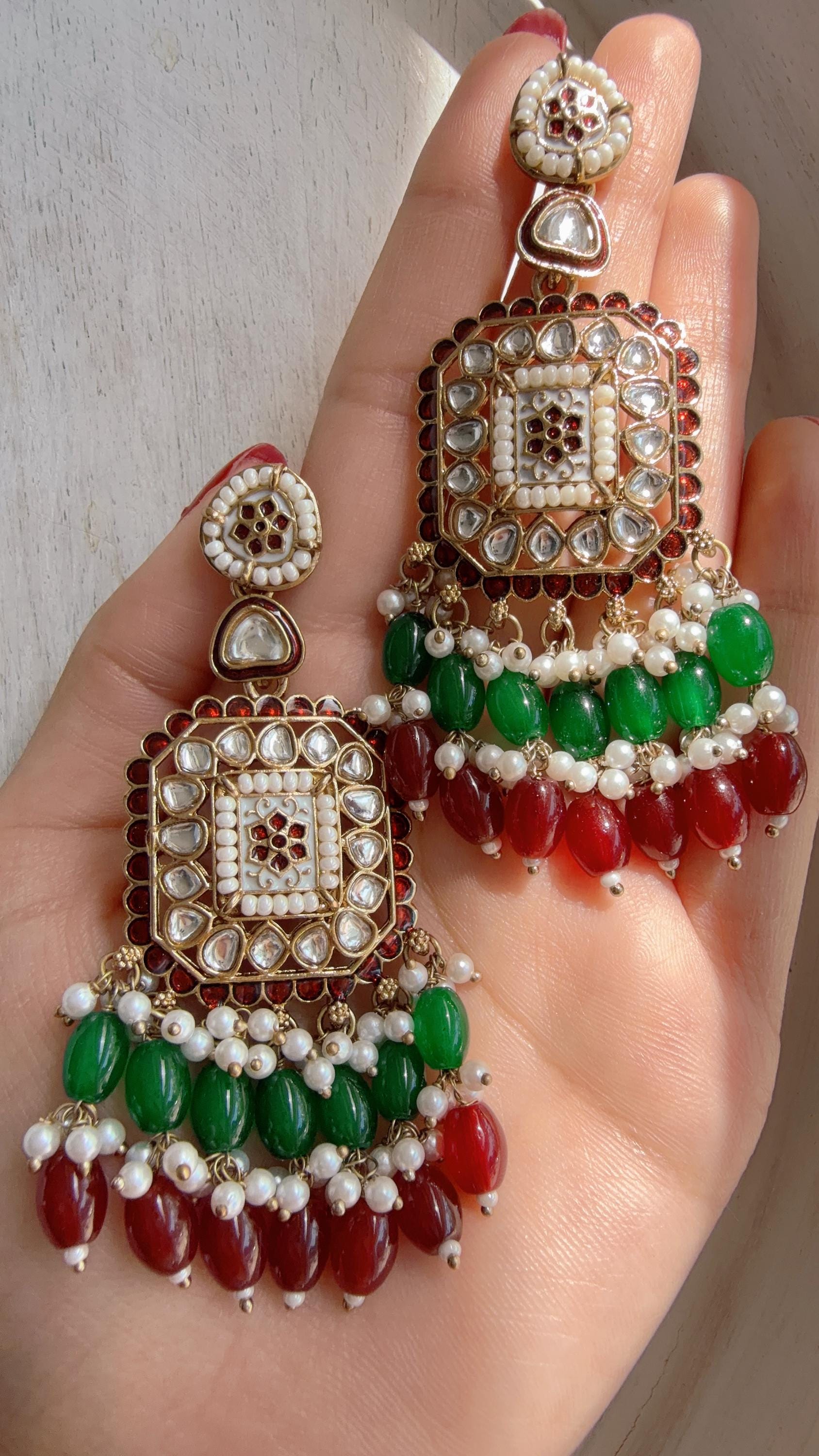 Ruby Green Kundan Chandbali Earrings | Indian Bridal Chandbali | Traditional Wedding Jewelry | Statement Kundan Earrings