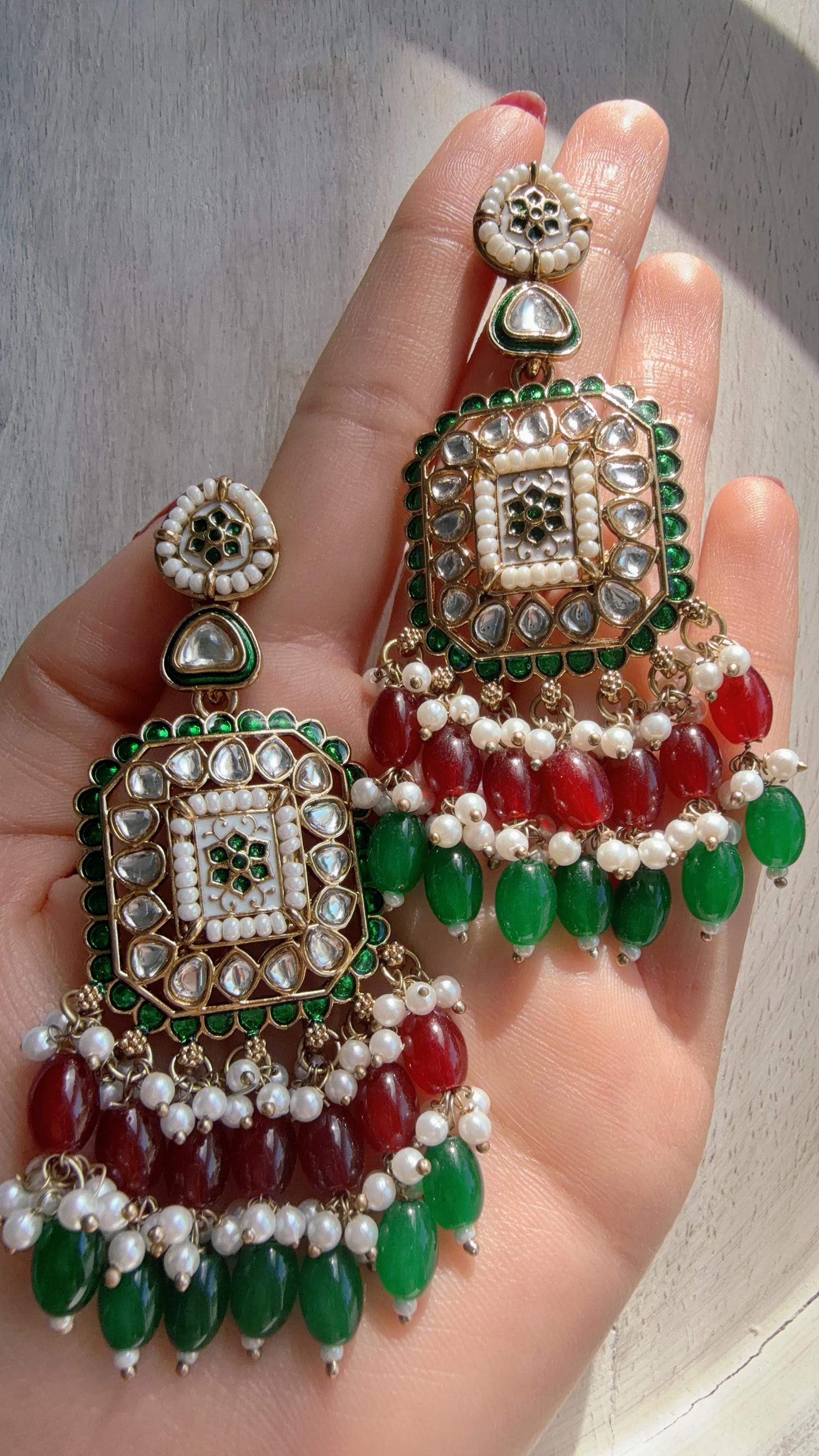 Ruby Green Kundan Chandbali Earrings | Indian Bridal Chandbali | Traditional Wedding Jewelry | Statement Kundan Earrings
