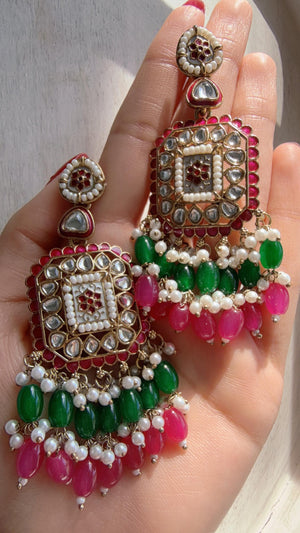 Pink Green Kundan Chandbali Earrings | Indian Bridal Chandbali | Traditional Wedding Jewelry | Statement Kundan Earrings