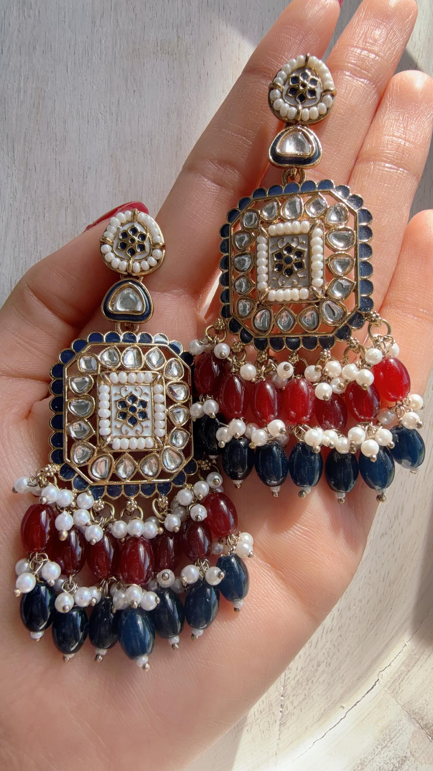 Ruby Blue Kundan Chandbali Earrings | Indian Bridal Chandbali | Traditional Wedding Jewelry | Statement Kundan Earrings