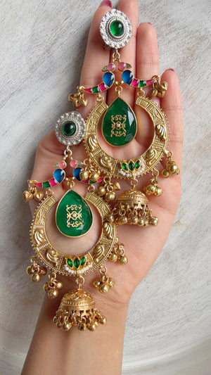 Amrapalli-Style Chandbali Doublet Stone Jhumka Earrings | Antique Gold Kashmiri Jhumka | Statement Indian Bridal Temple Jewelry
