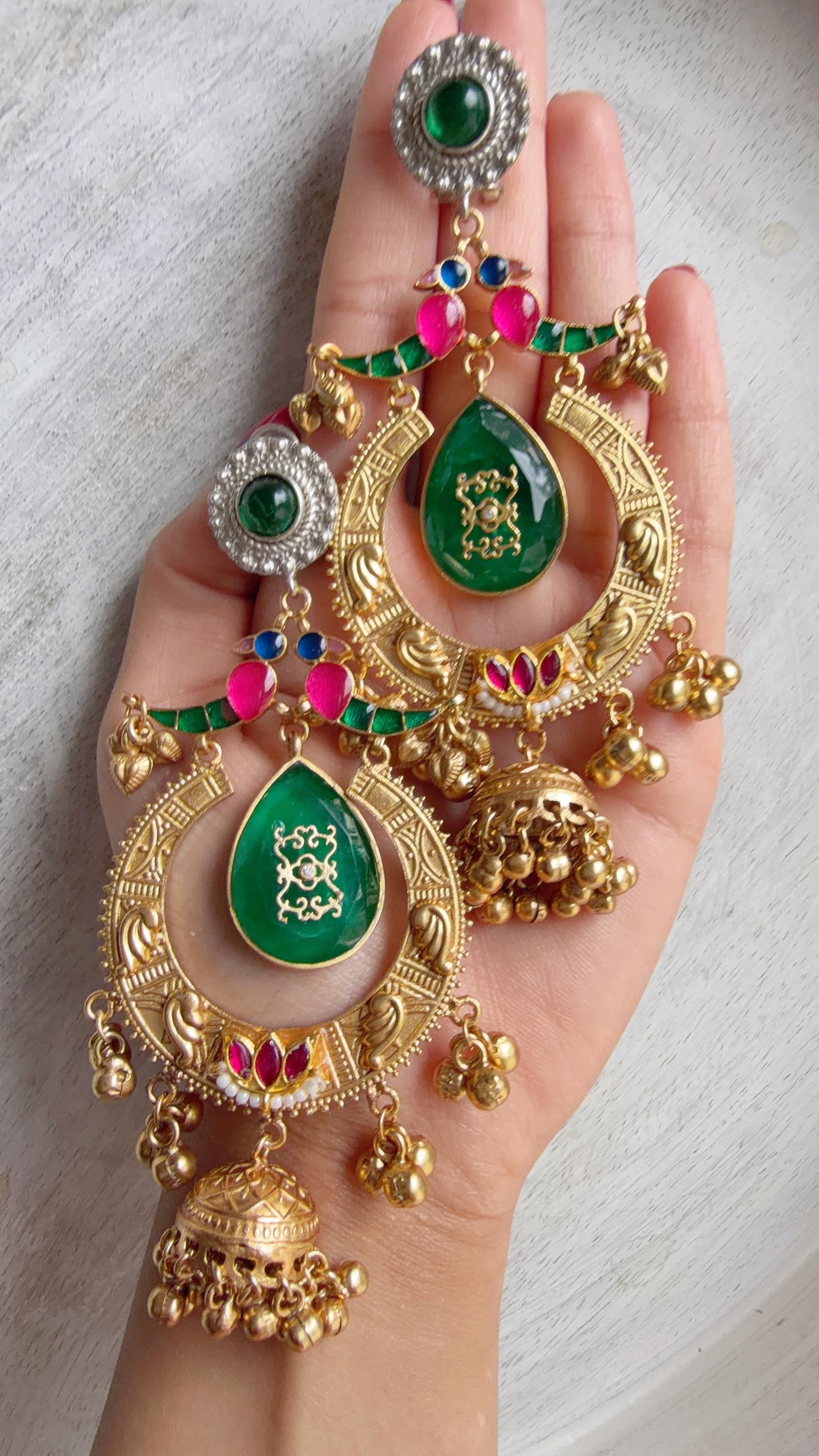 Amrapalli-Style Chandbali Doublet Stone Jhumka Earrings | Antique Gold Kashmiri Jhumka | Statement Indian Bridal Temple Jewelry
