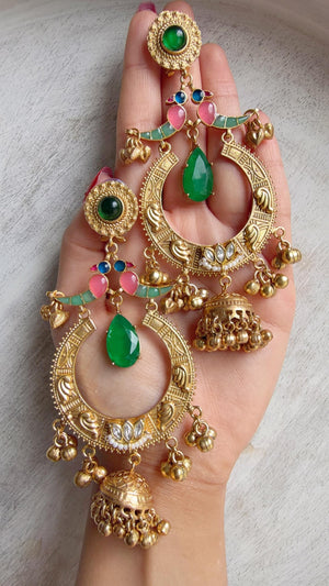 Amrapalli-Style Chandbali Doublet Stone Jhumka Earrings | Antique Gold Kashmiri Jhumka | Statement Indian Bridal Temple Jewelry