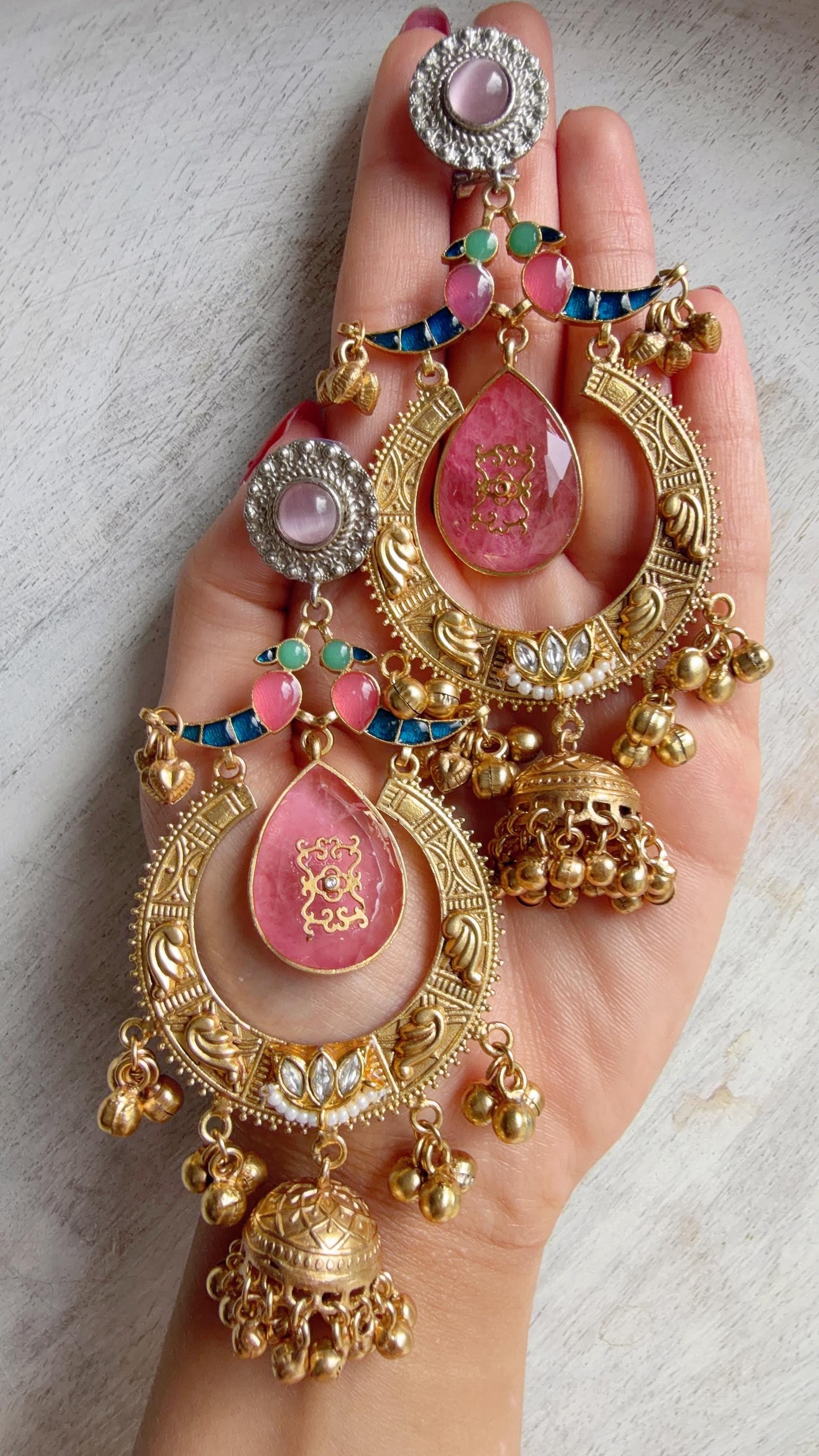 Amrapalli-Style Chandbali Doublet Stone Jhumka Earrings | Antique Gold Kashmiri Jhumka | Statement Indian Bridal Temple Jewelry