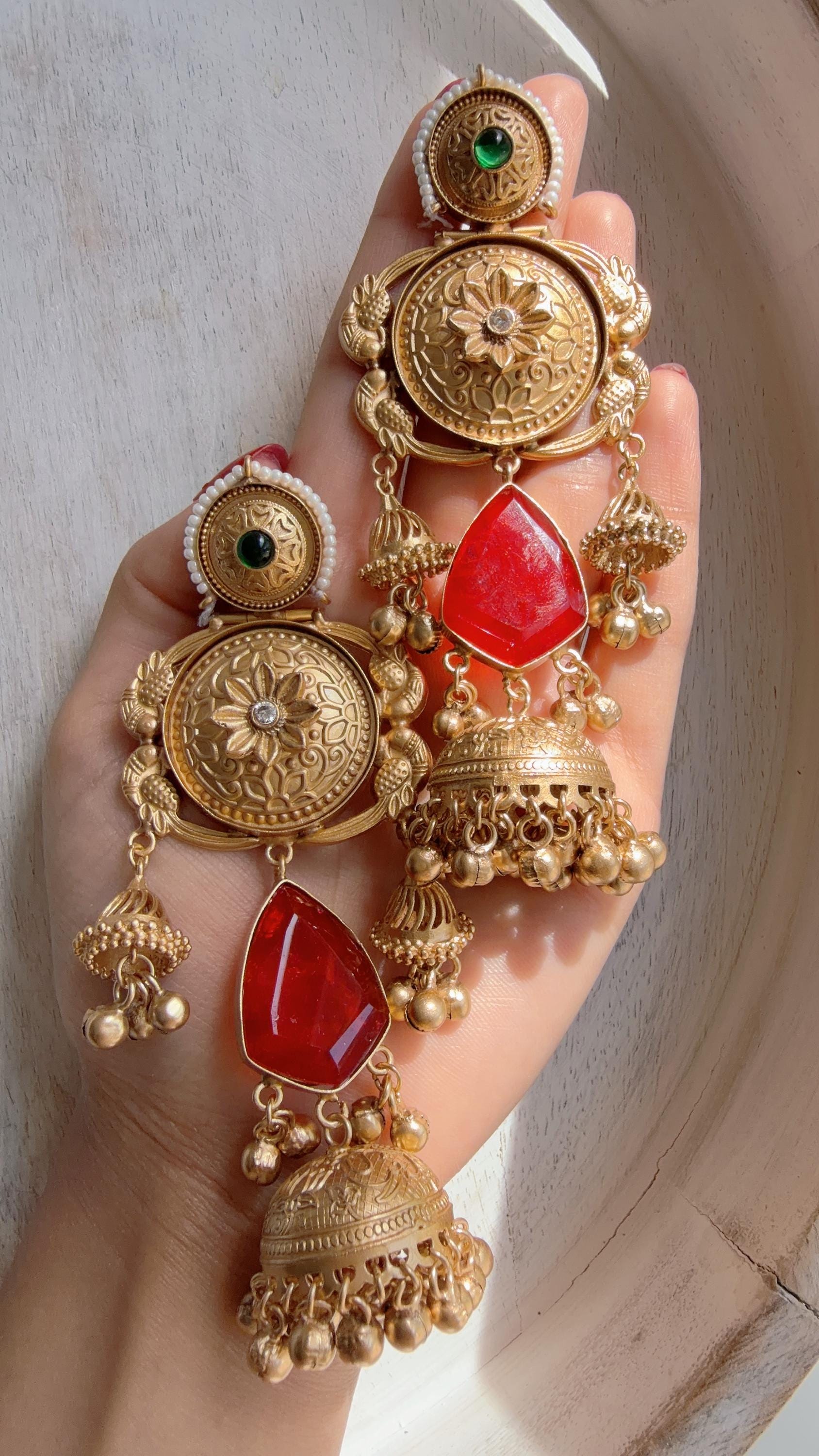 Antique Gold Kashmiri Jhumka Earrings | Statement Indian Bridal Earrings | Temple Style Wedding Jewelry