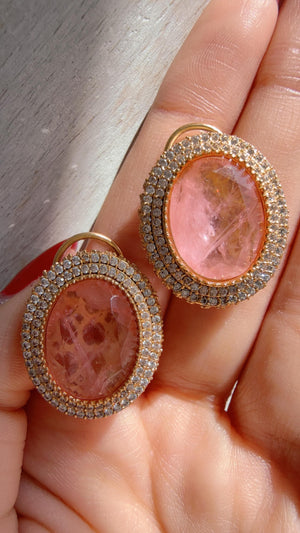 Light Peach Precious Doublet Stud Earrings | Moissanite Diamond Kundan Statement Studs - Aditi