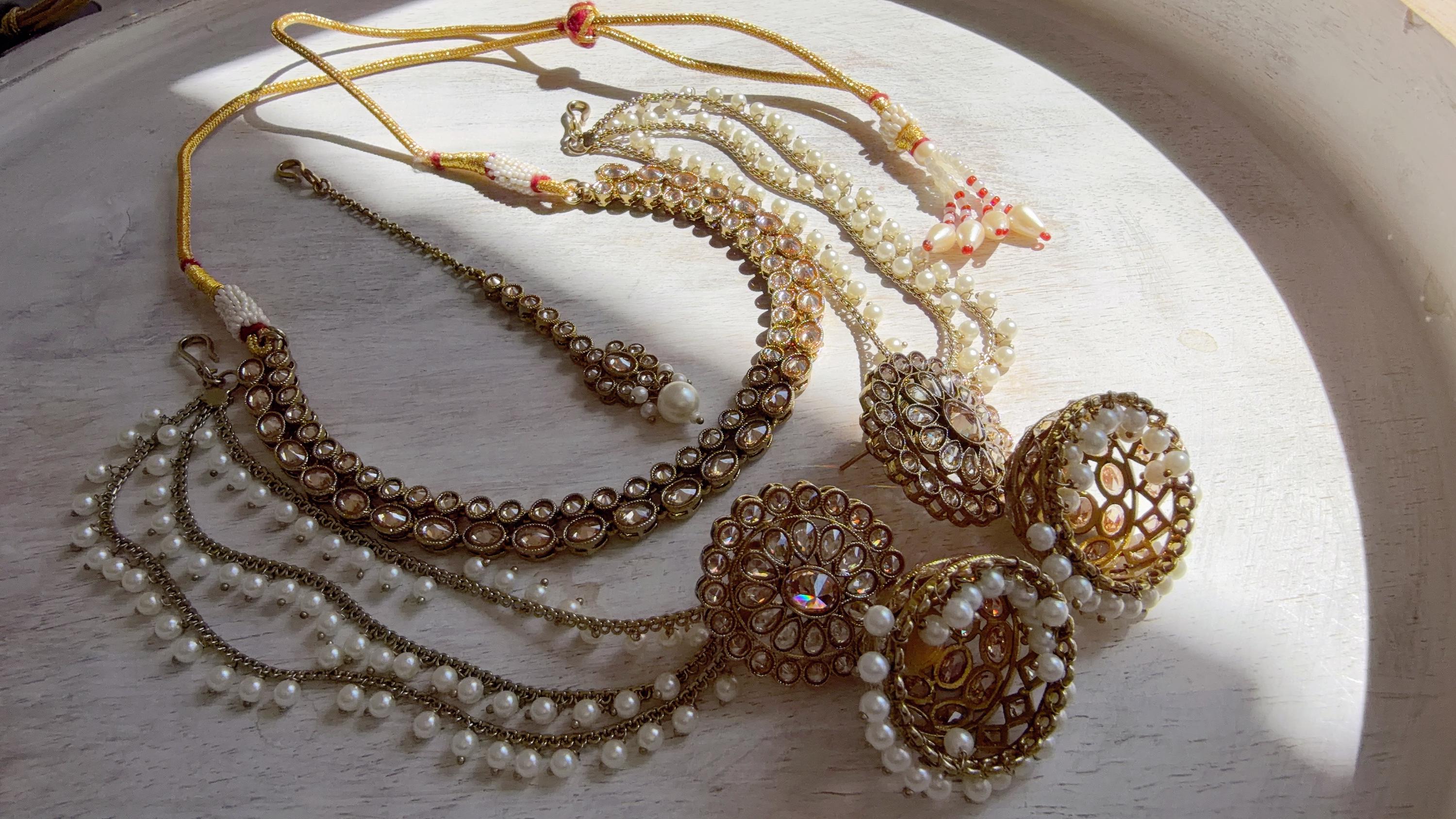 Antique Polki Kundan Mint Necklace Set with Bahubali Jhumka & Maang Tikka | Indian Bridal Jewelry