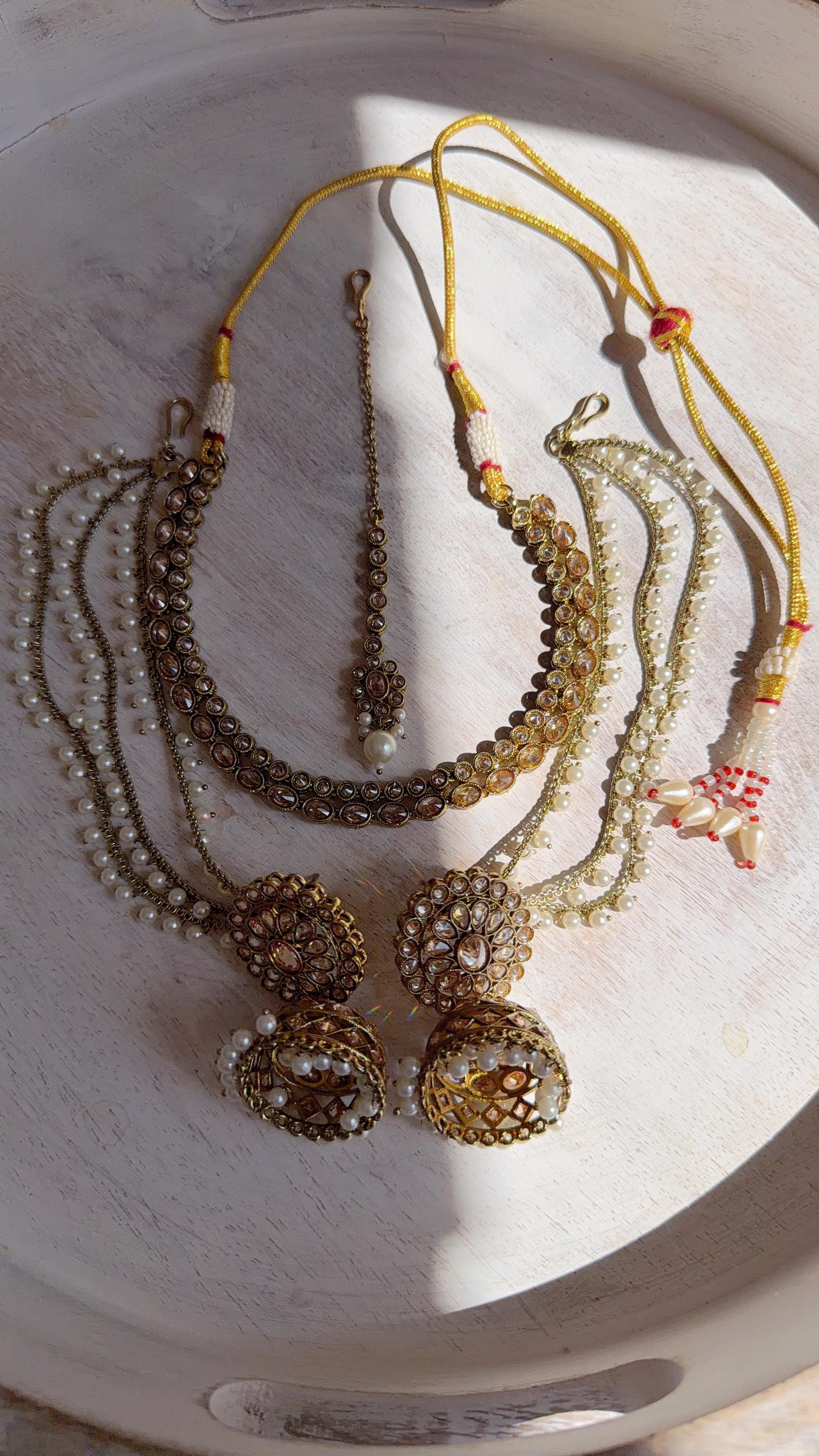 Antique Polki Kundan Mint Necklace Set with Bahubali Jhumka & Maang Tikka | Indian Bridal Jewelry