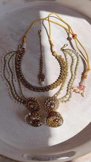 Antique Polki Kundan Mint Necklace Set with Bahubali Jhumka & Maang Tikka | Indian Bridal Jewelry