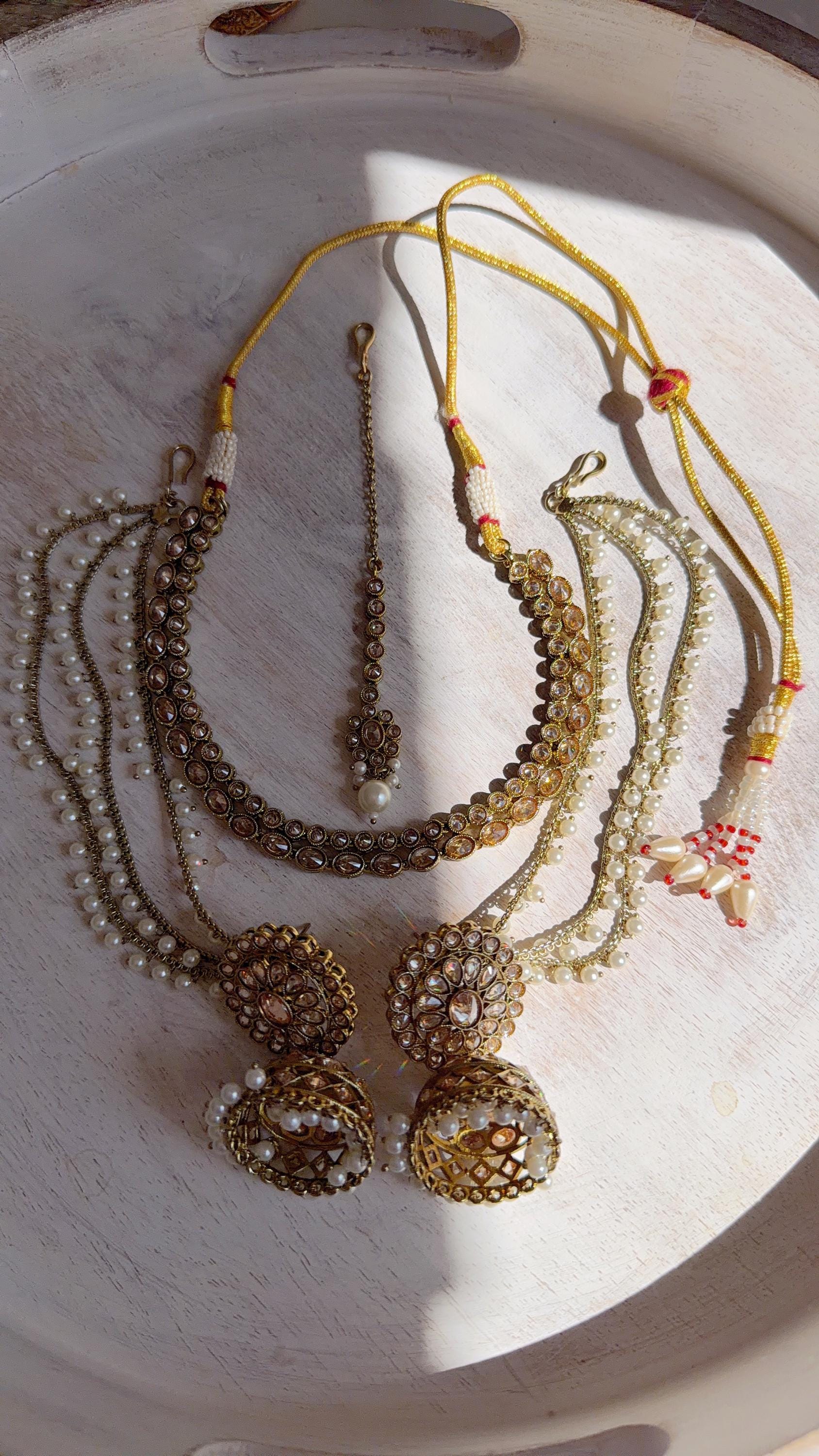 Antique Polki Kundan Mint Necklace Set with Bahubali Jhumka & Maang Tikka | Indian Bridal Jewelry