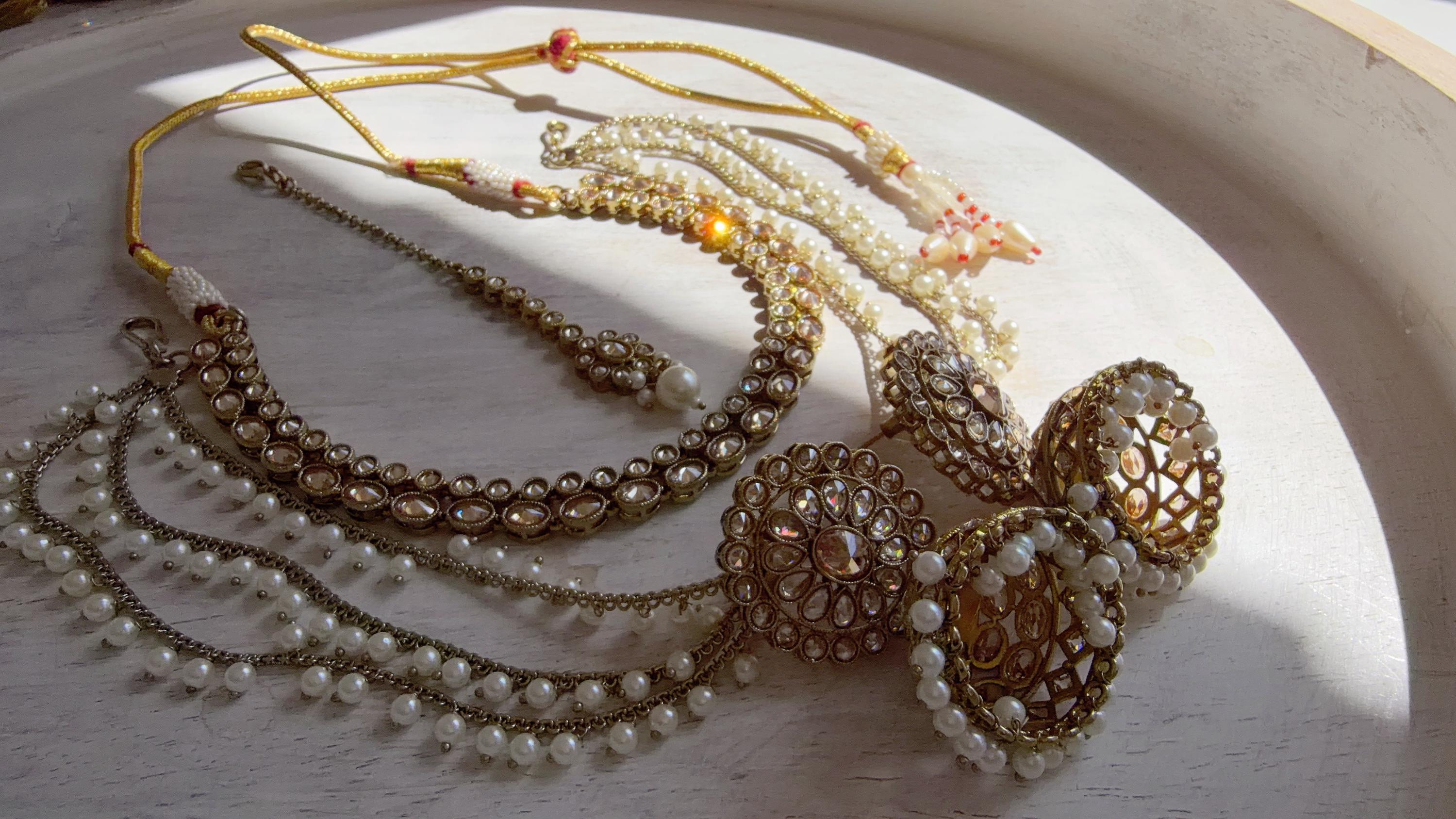 Antique Polki Kundan Mint Necklace Set with Bahubali Jhumka & Maang Tikka | Indian Bridal Jewelry