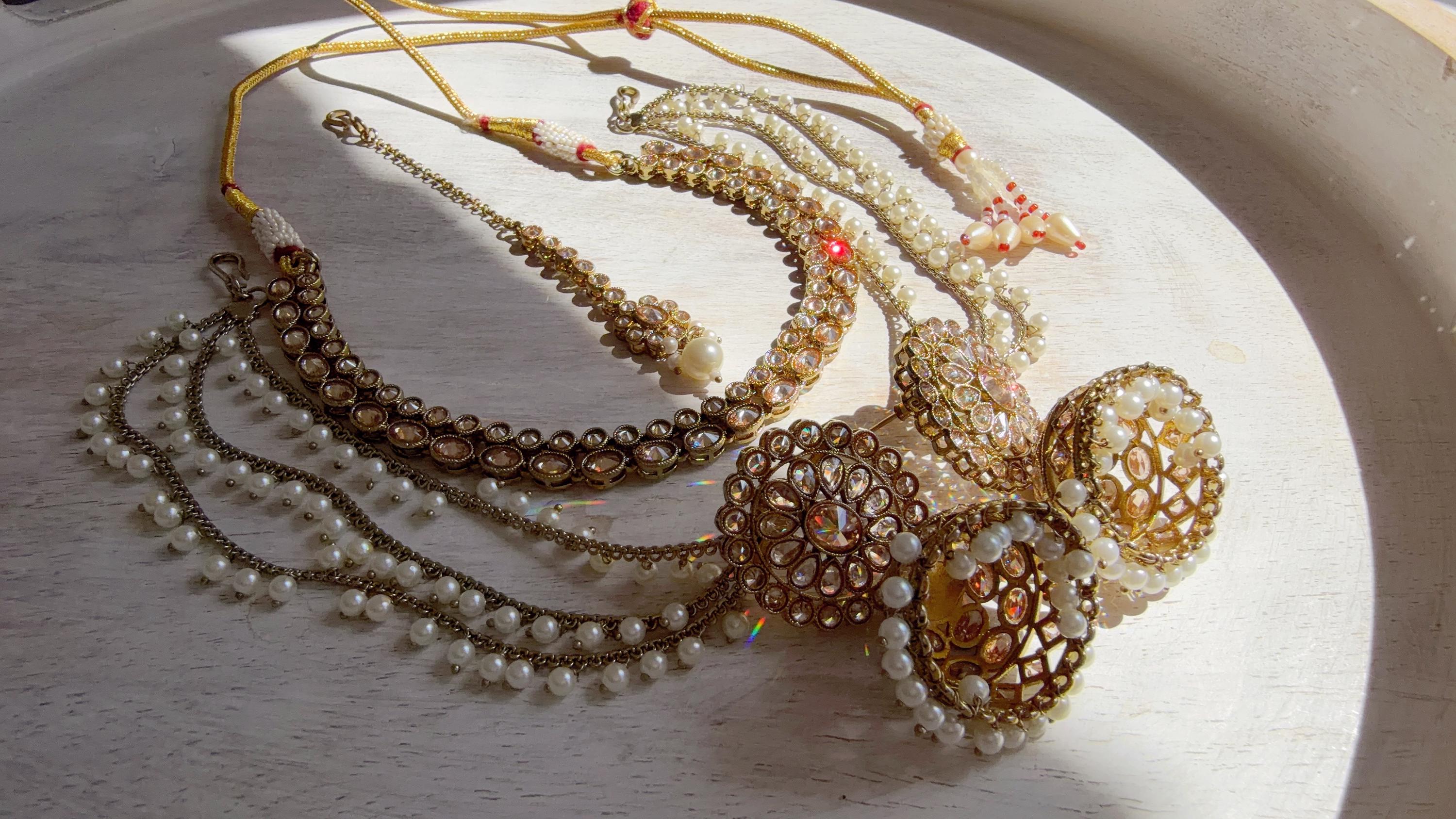 Antique Polki Kundan Mint Necklace Set with Bahubali Jhumka & Maang Tikka | Indian Bridal Jewelry