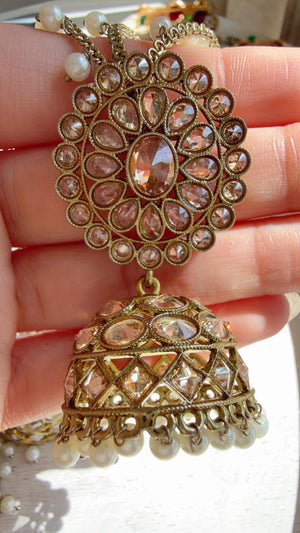 Antique Polki Kundan Mint Necklace Set with Bahubali Jhumka & Maang Tikka | Indian Bridal Jewelry