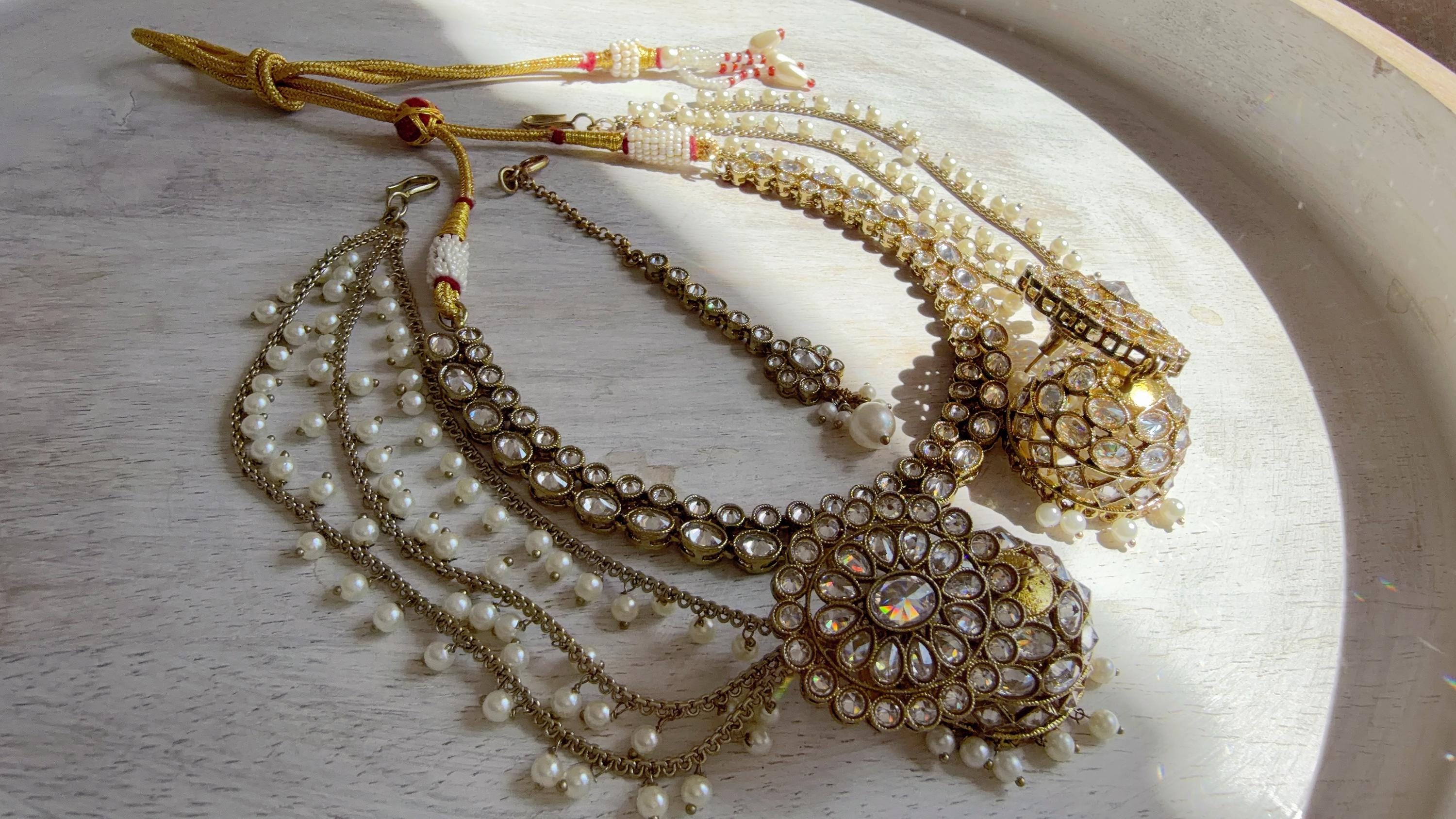 Antique Polki Kundan Mint Necklace Set with Bahubali Jhumka & Maang Tikka | Indian Bridal Jewelry
