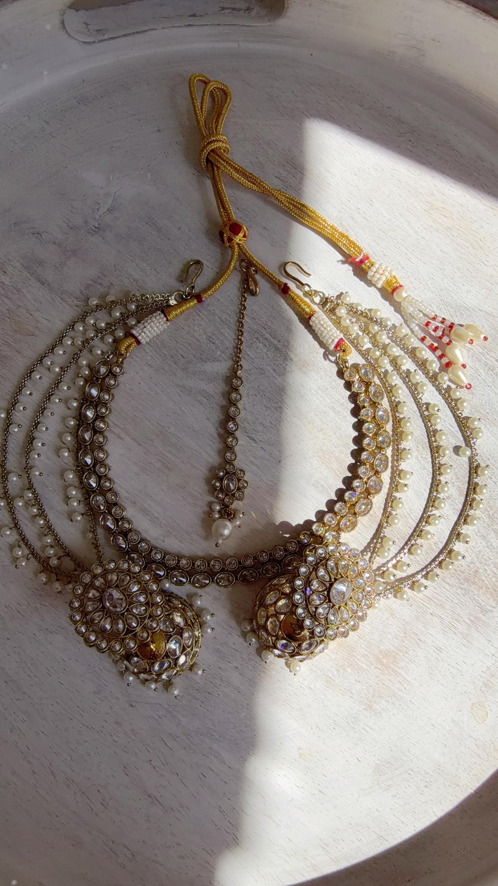Antique Polki Kundan Mint Necklace Set with Bahubali Jhumka & Maang Tikka | Indian Bridal Jewelry