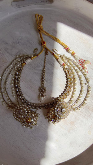 Antique Polki Kundan Mint Necklace Set with Bahubali Jhumka & Maang Tikka | Indian Bridal Jewelry
