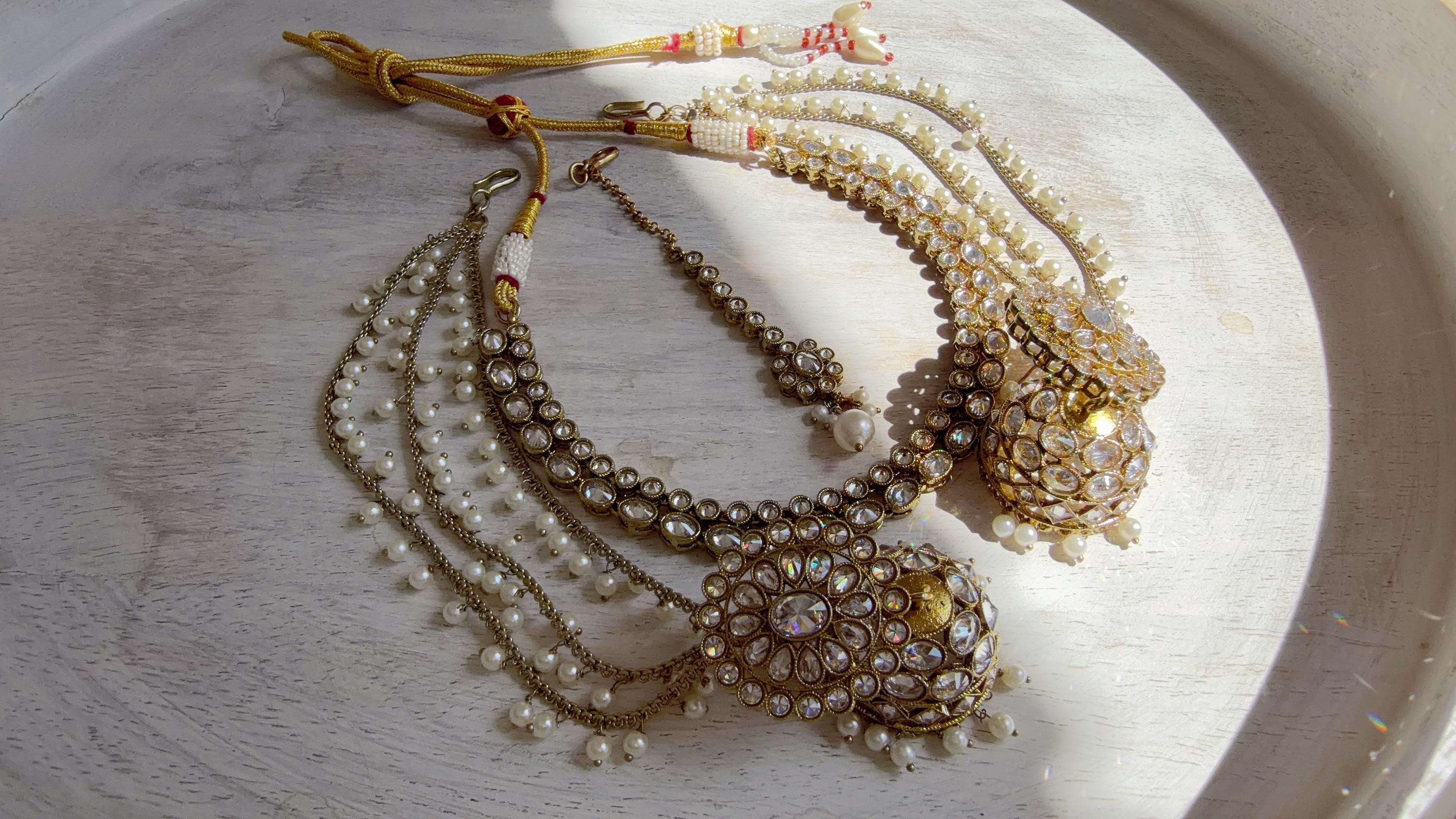 Antique Polki Kundan Mint Necklace Set with Bahubali Jhumka & Maang Tikka | Indian Bridal Jewelry