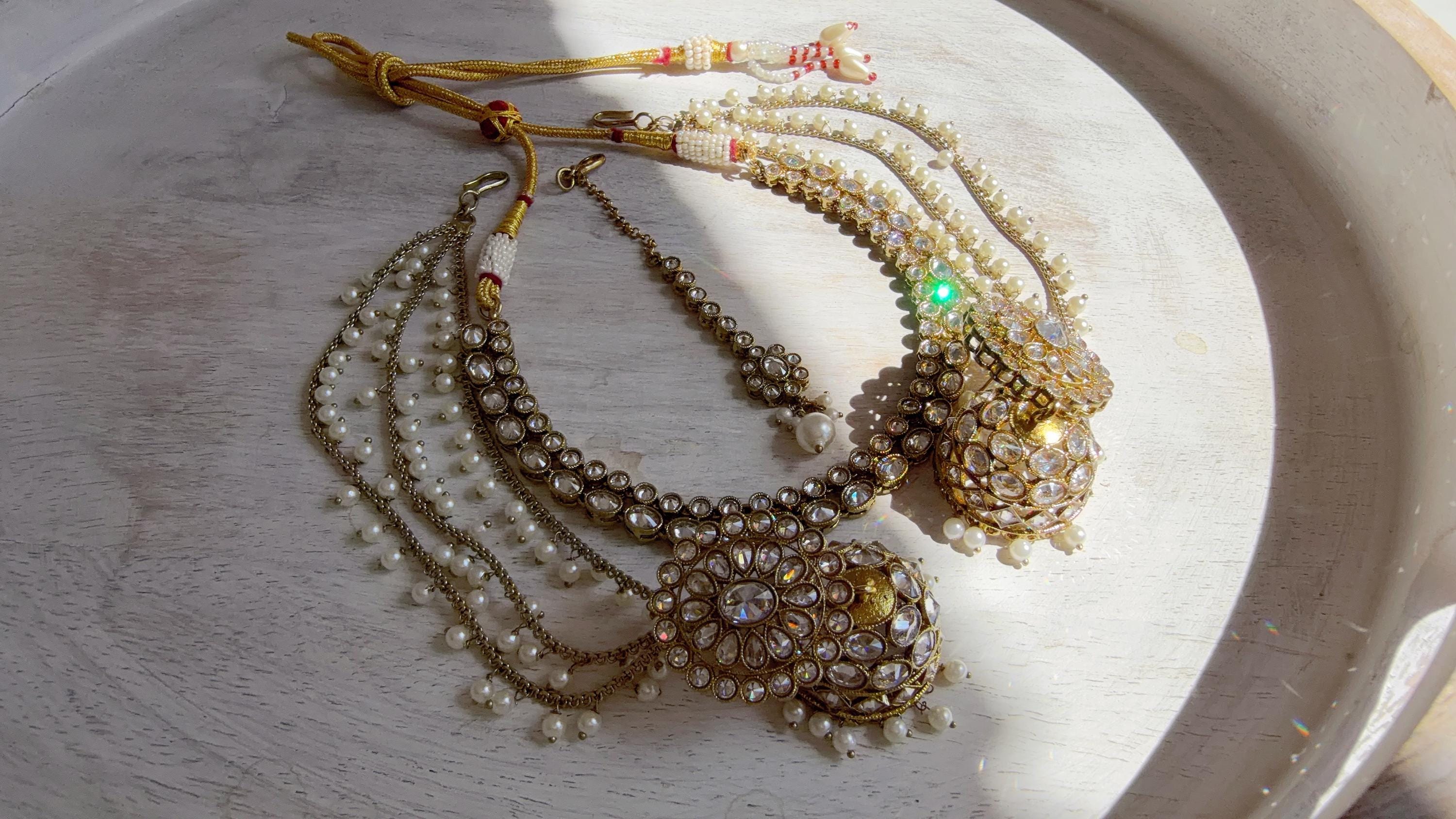 Antique Polki Kundan Mint Necklace Set with Bahubali Jhumka & Maang Tikka | Indian Bridal Jewelry