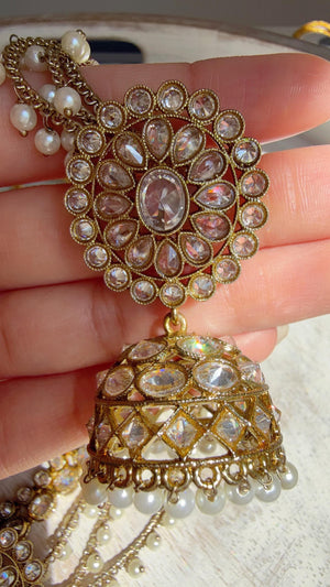 Antique Polki Kundan Mint Necklace Set with Bahubali Jhumka & Maang Tikka | Indian Bridal Jewelry