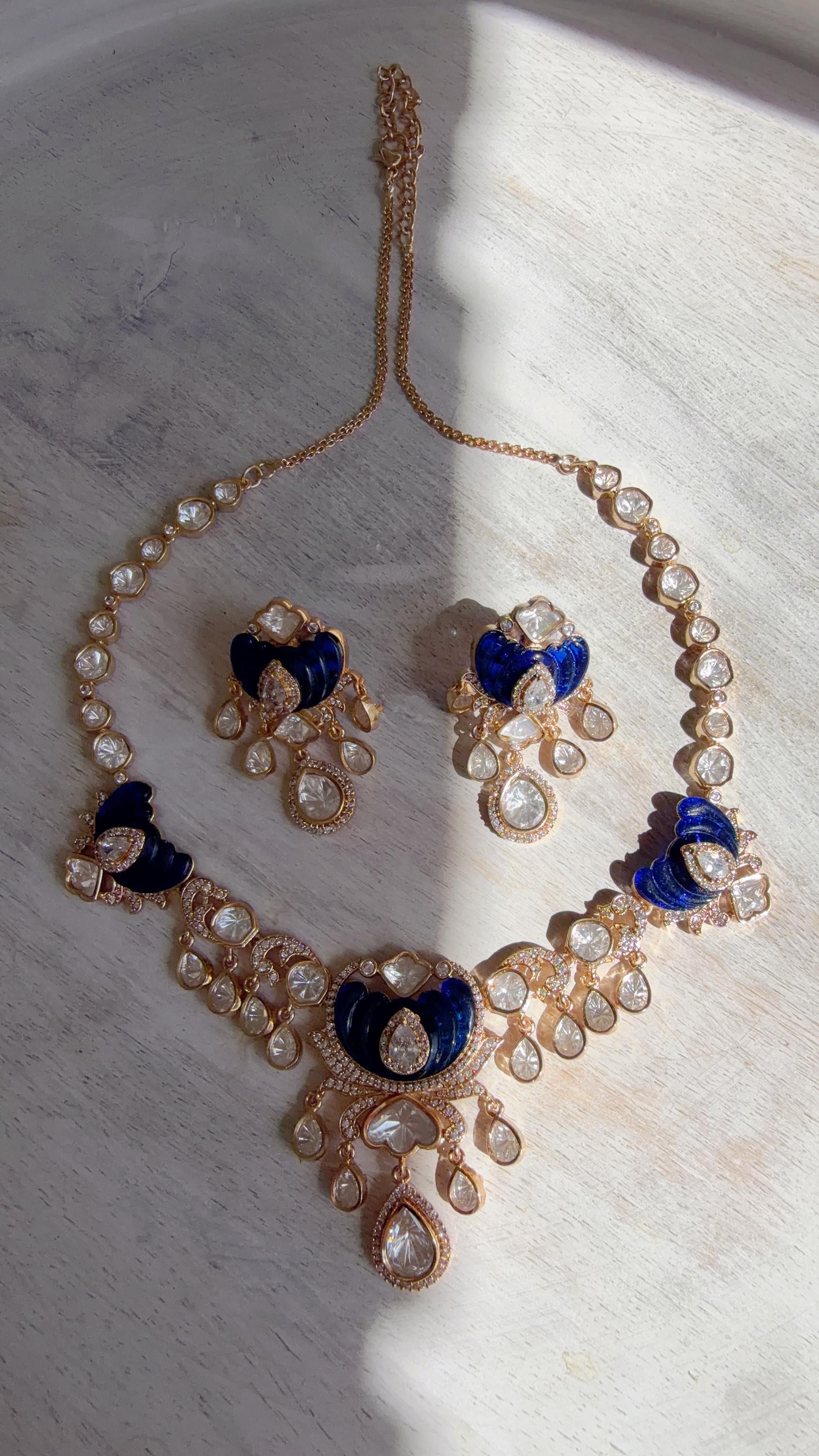 Blue Kundan Diamond Necklace Set | Indian Bridal Wedding Jewelry | Traditional Bridal Statement Necklace