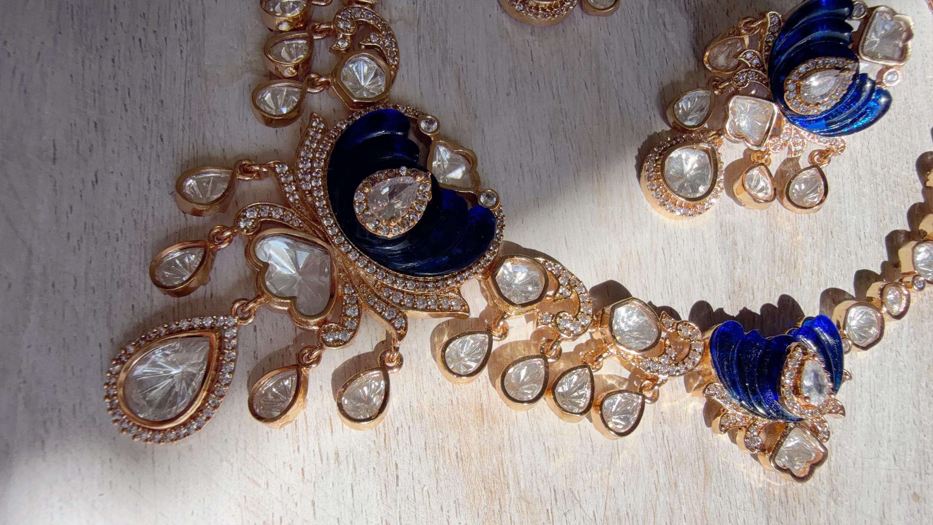 Blue Kundan Diamond Necklace Set | Indian Bridal Wedding Jewelry | Traditional Bridal Statement Necklace