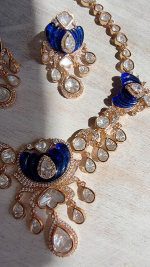 Blue Kundan Diamond Necklace Set | Indian Bridal Wedding Jewelry | Traditional Bridal Statement Necklace