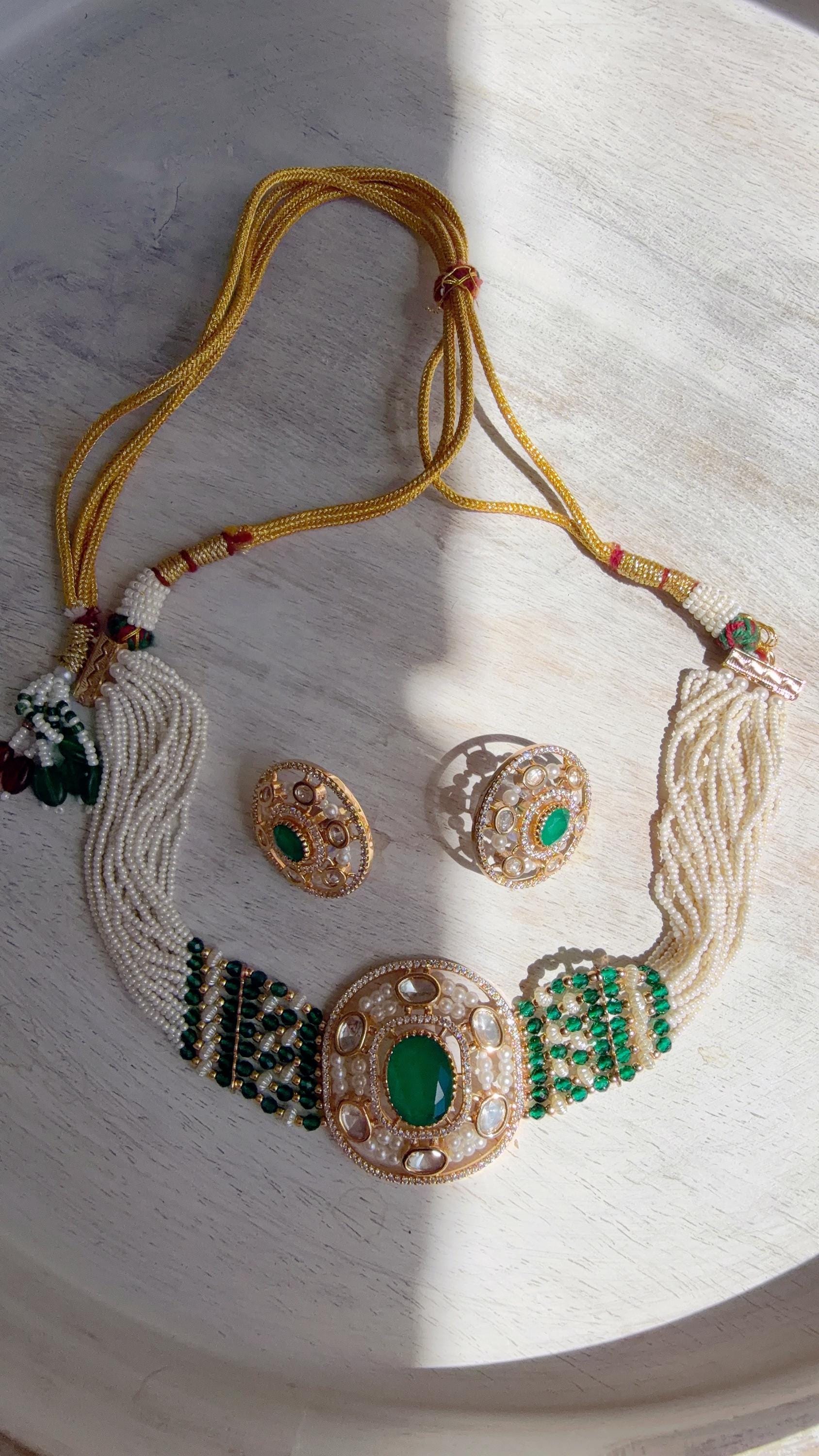 Green Kundan Diamond Necklace Set | Indian Bridal Wedding Jewelry | Traditional Bridal Statement Necklace