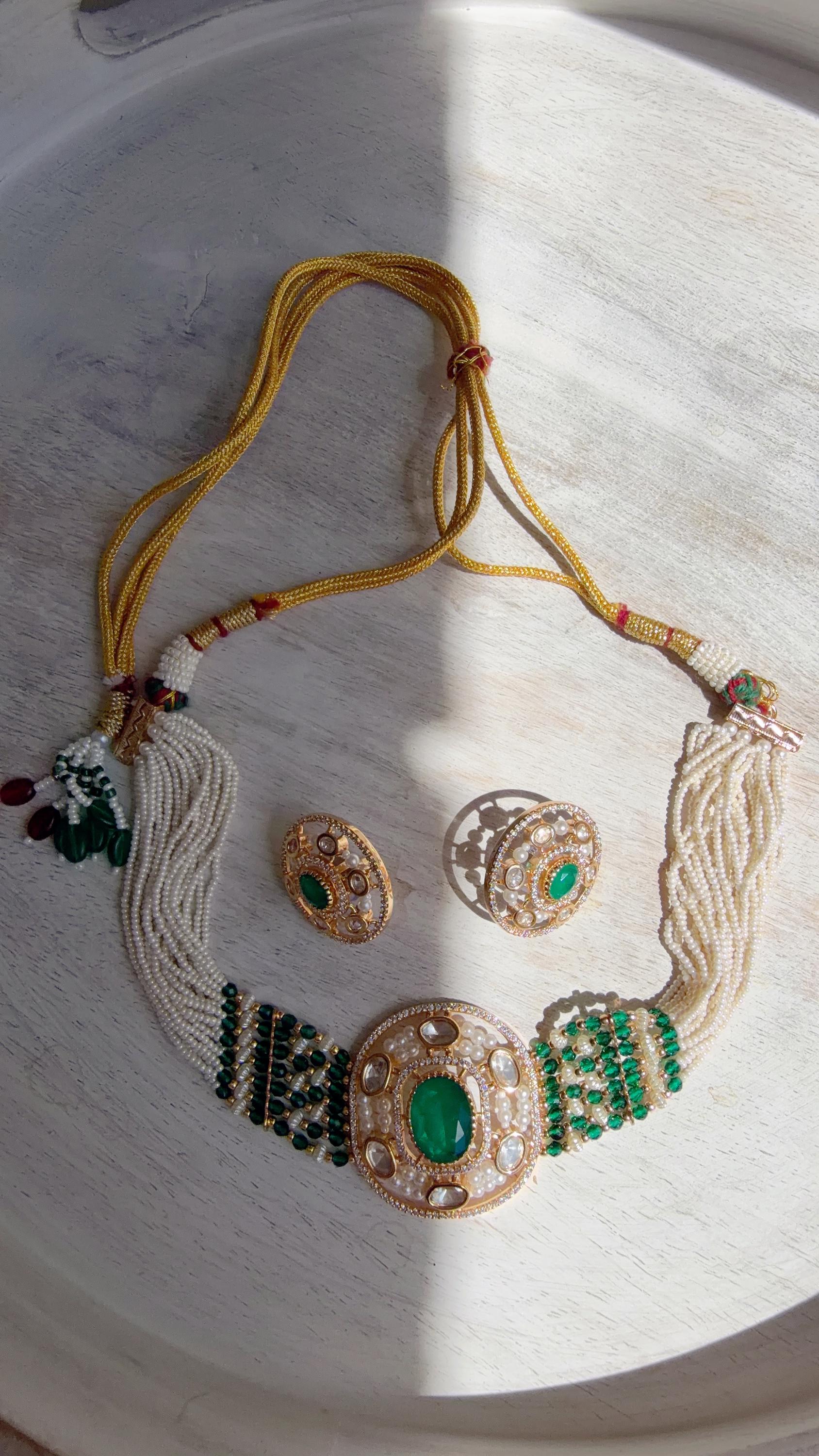 Green Kundan Diamond Necklace Set | Indian Bridal Wedding Jewelry | Traditional Bridal Statement Necklace