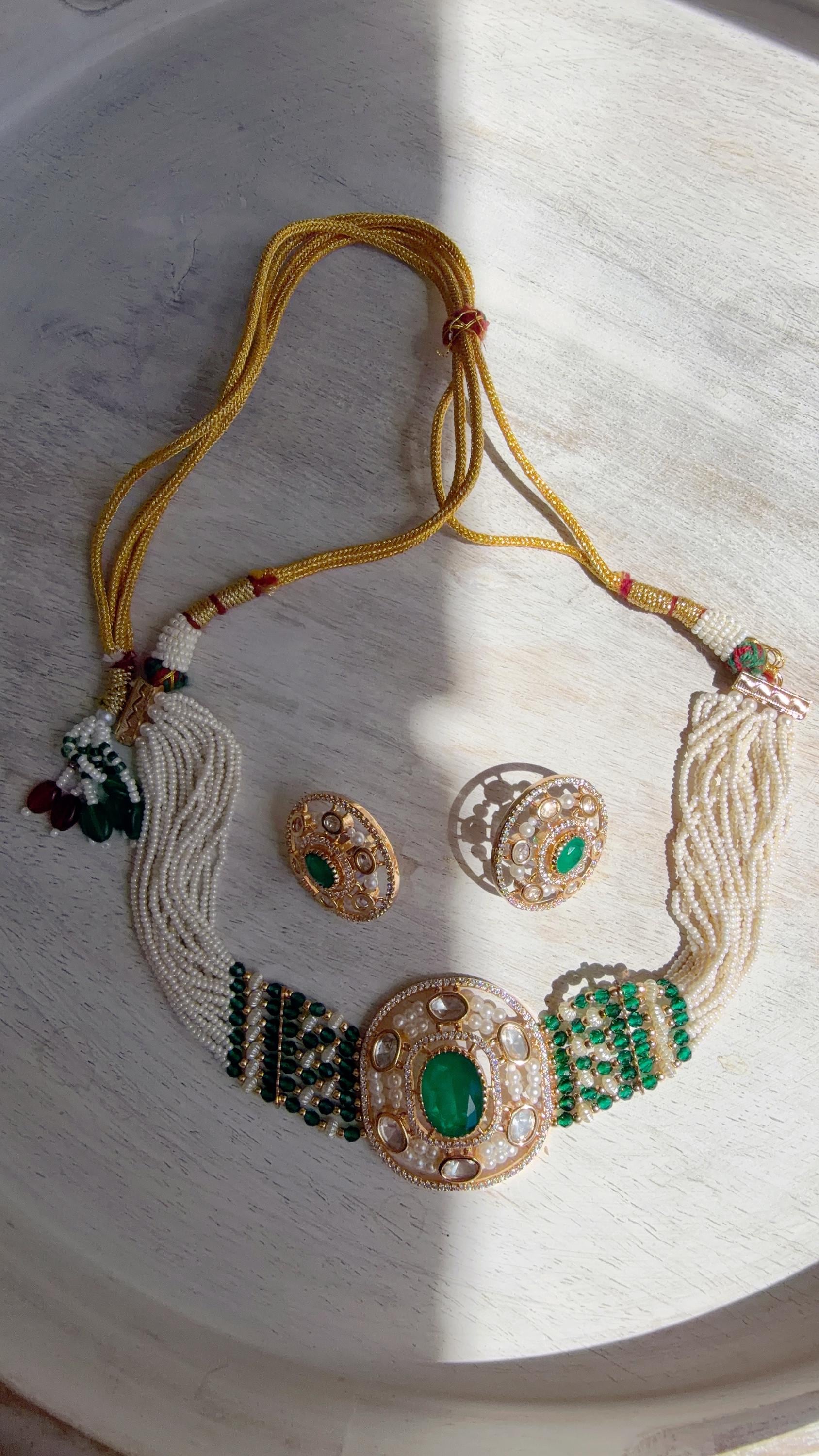 Green Kundan Diamond Necklace Set | Indian Bridal Wedding Jewelry | Traditional Bridal Statement Necklace