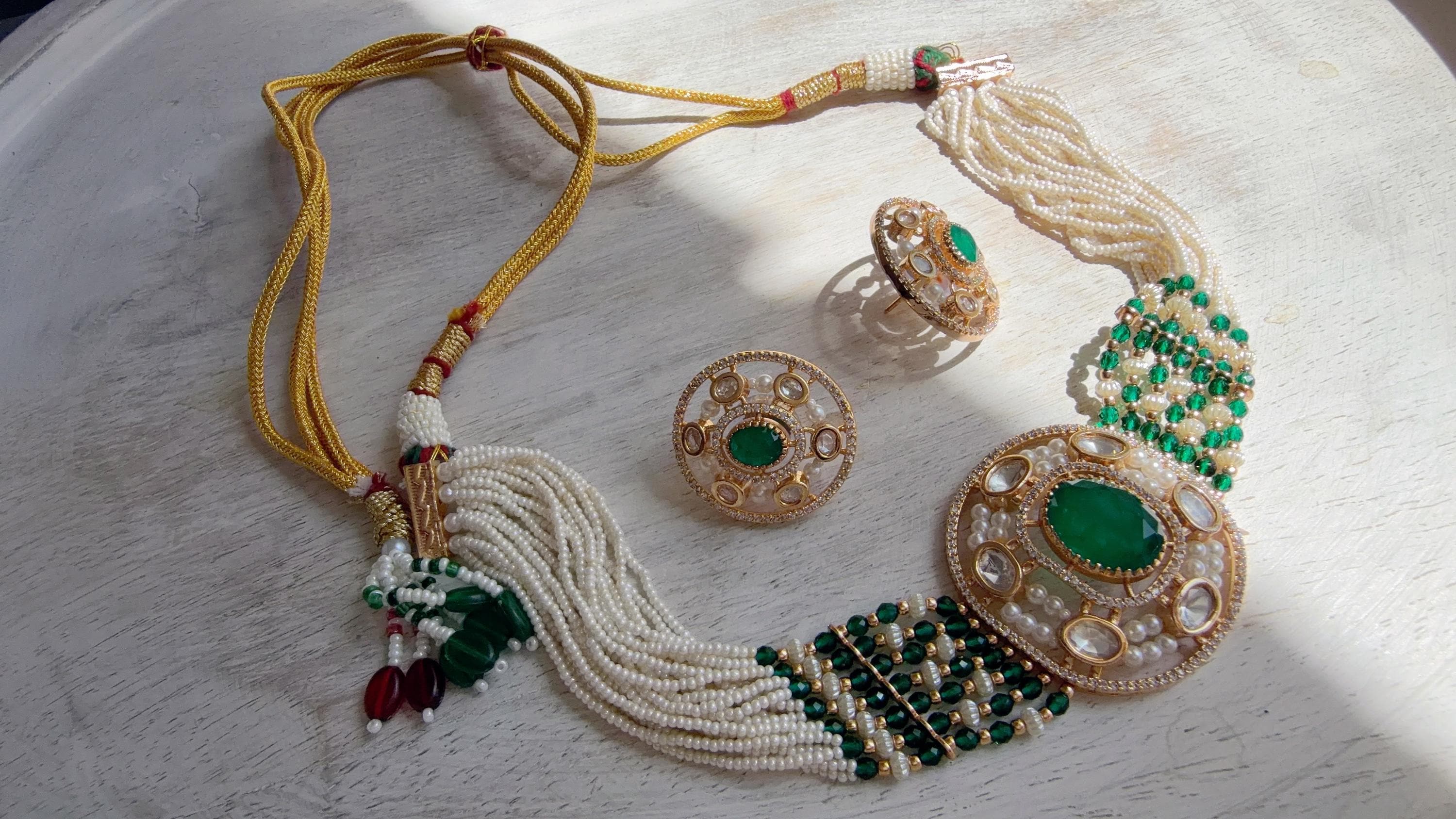 Green Kundan Diamond Necklace Set | Indian Bridal Wedding Jewelry | Traditional Bridal Statement Necklace