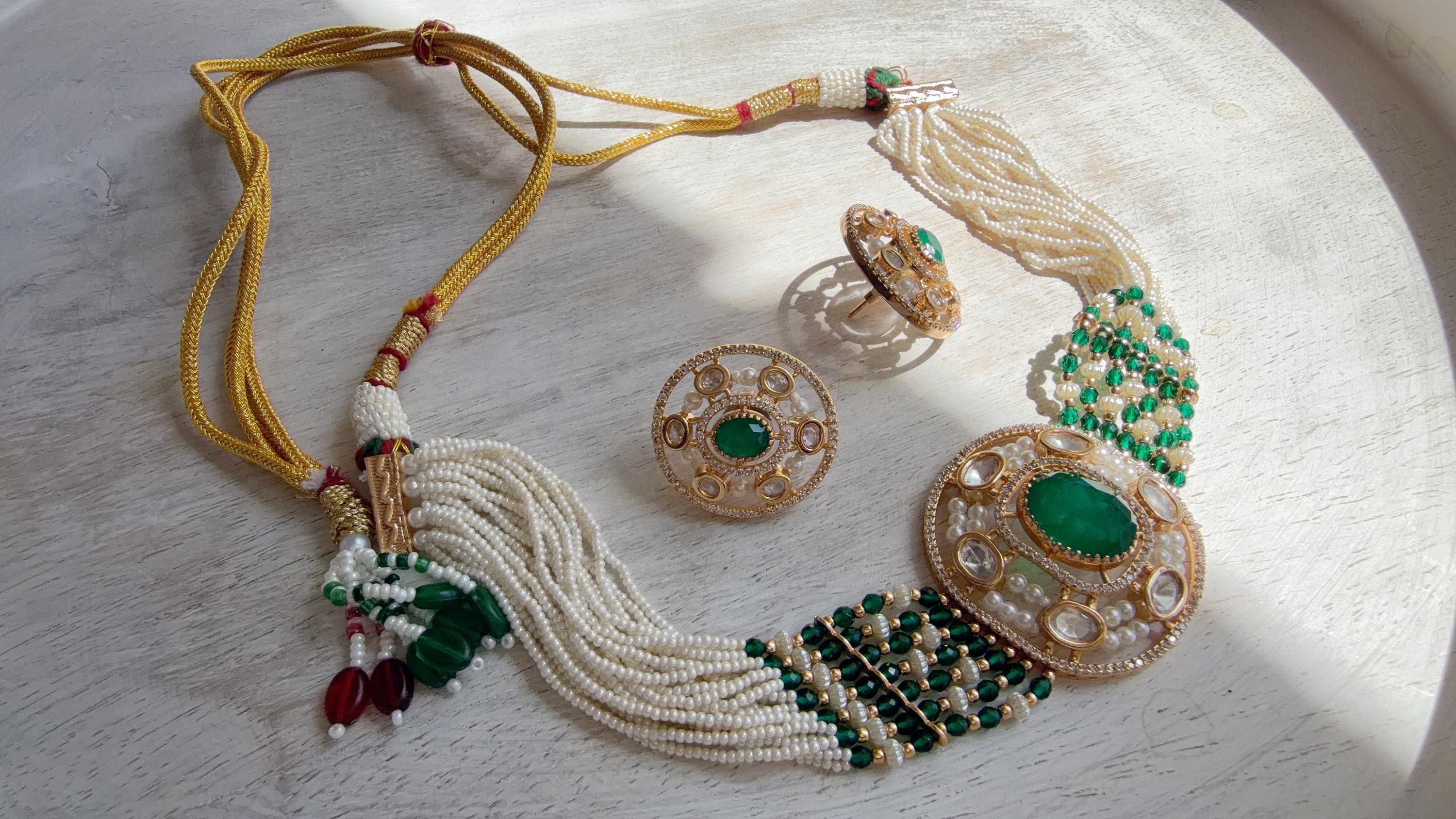 Green Kundan Diamond Necklace Set | Indian Bridal Wedding Jewelry | Traditional Bridal Statement Necklace