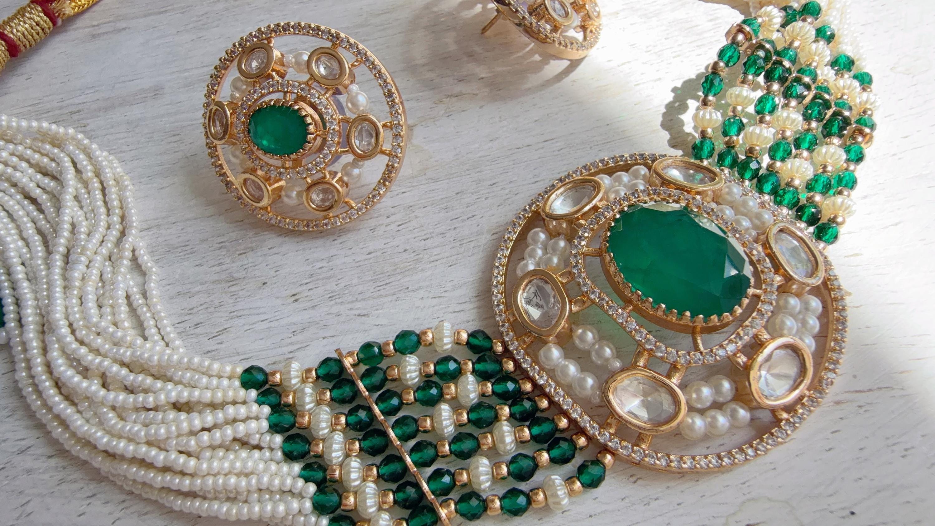 Green Kundan Diamond Necklace Set | Indian Bridal Wedding Jewelry | Traditional Bridal Statement Necklace